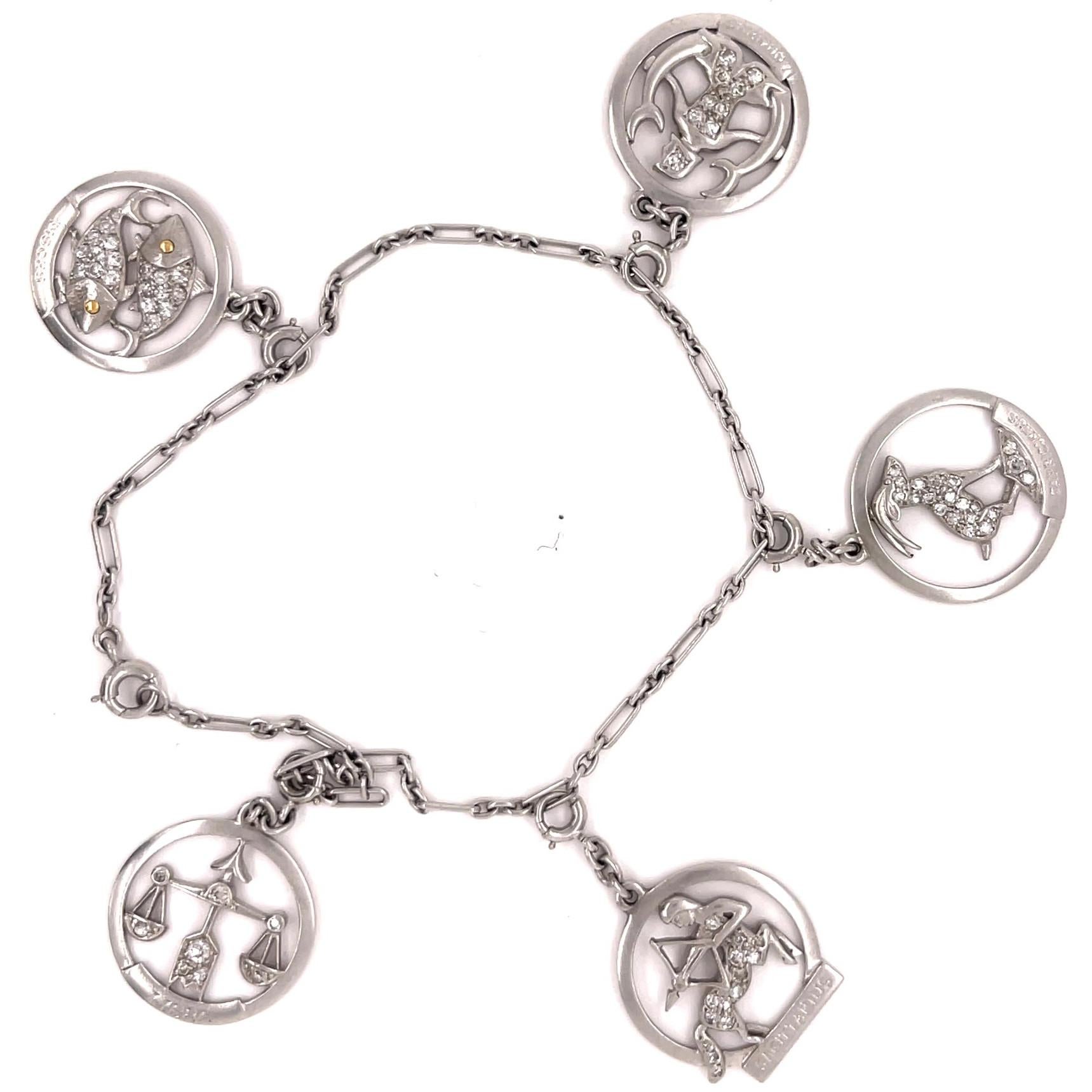 Two Art Deco Diamond Platinum Zodiac Sign Charm Bracelets 4