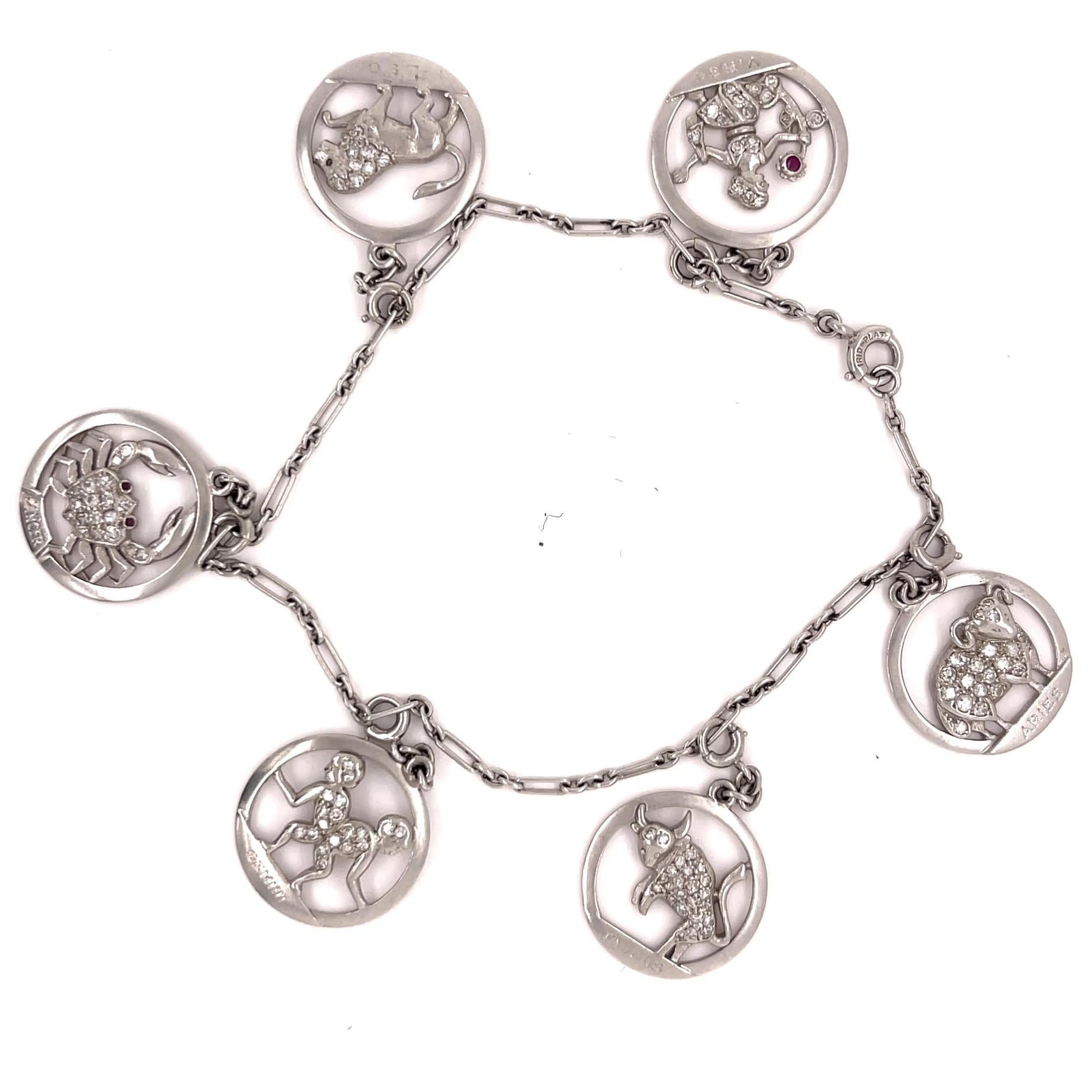 Two Art Deco Diamond Platinum Zodiac Sign Charm Bracelets In Excellent Condition In Beverly Hills, CA