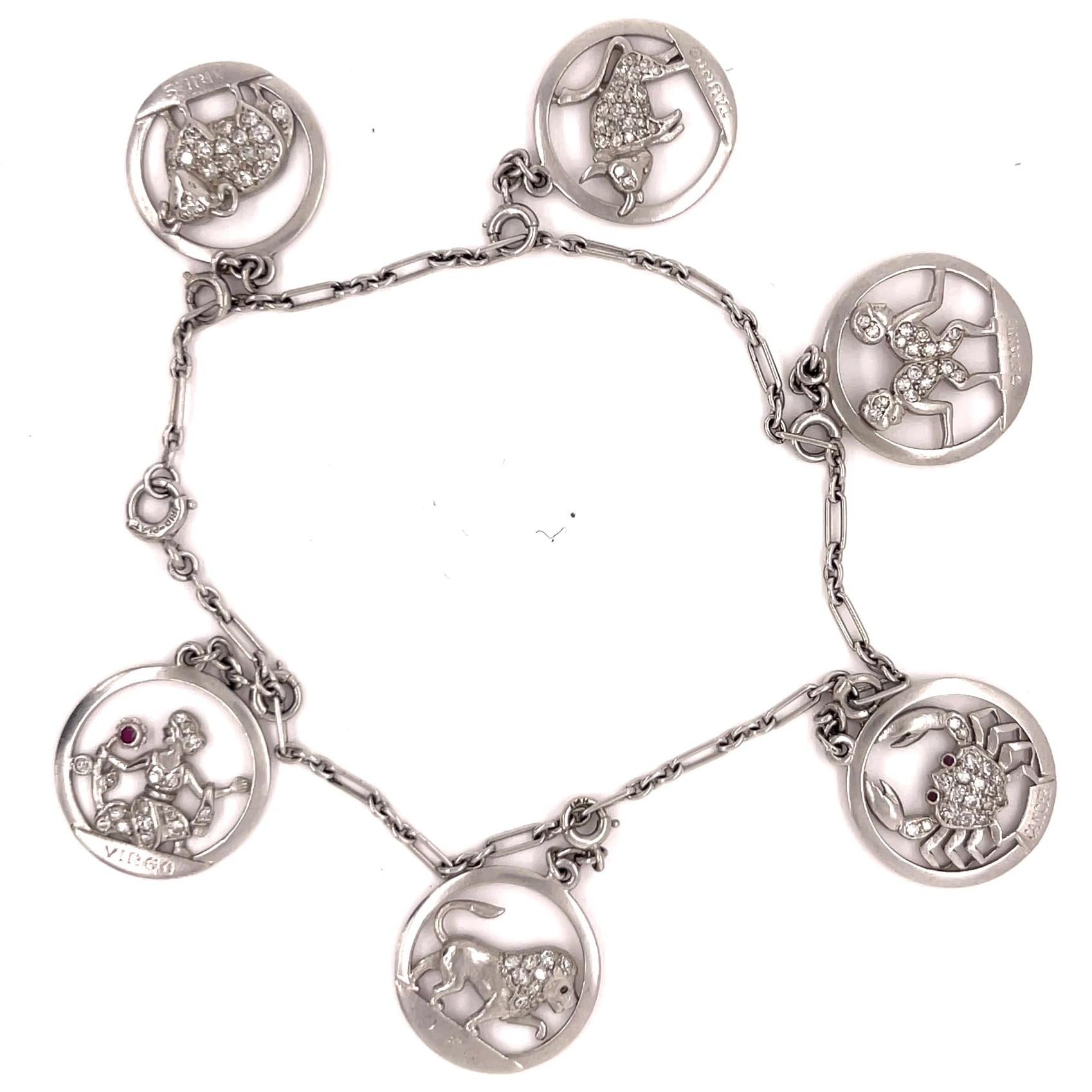 Women's or Men's Two Art Deco Diamond Platinum Zodiac Sign Charm Bracelets