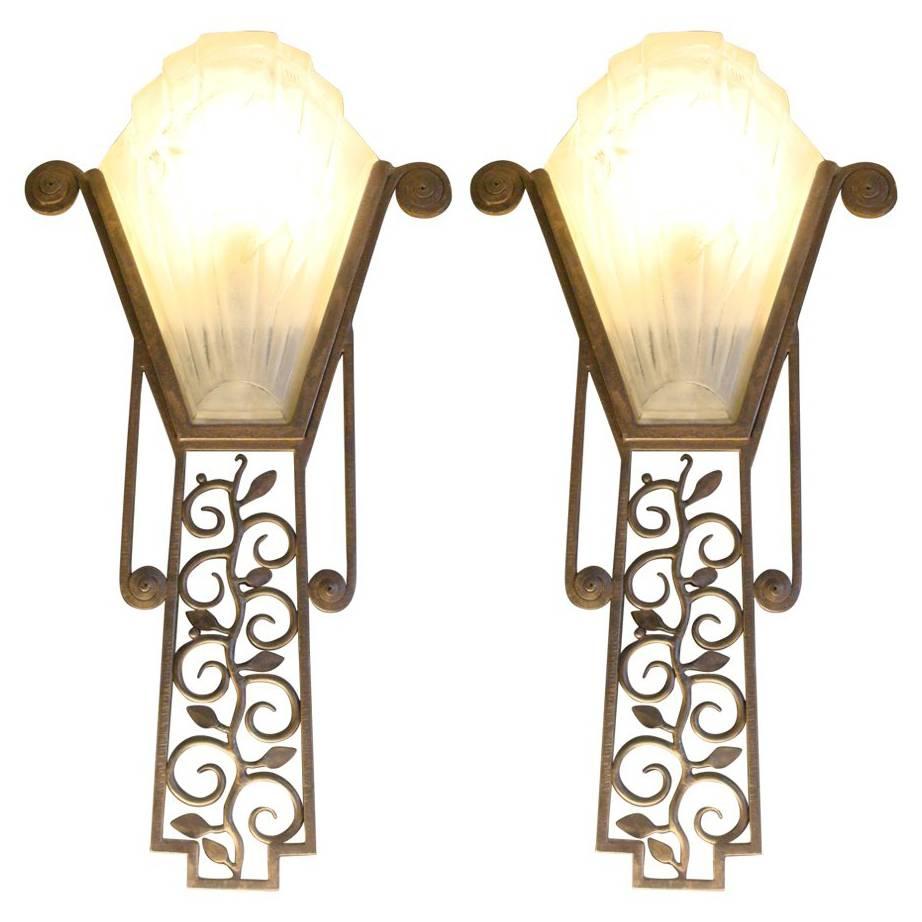 Two Art Deco Iron and Glass Sconces, Wall Lights France, 1920