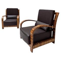 Two Art Deco Lounge Chairs with Leather Cushions France, 1930s