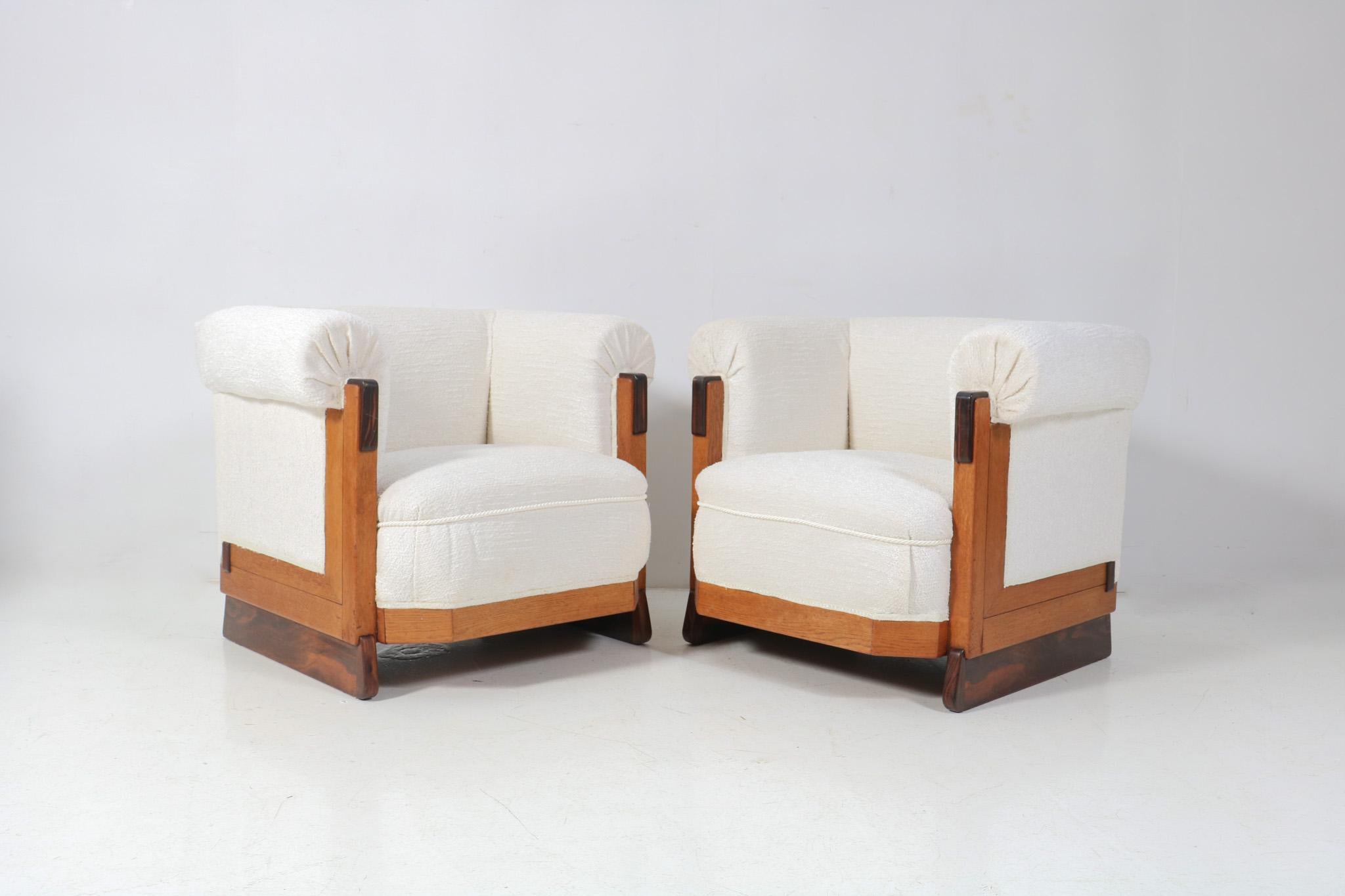 Dutch Two Art Deco Modernist Oak Lounge Chairs in Bouclé by Anton Lucas Leiden, 1920s For Sale