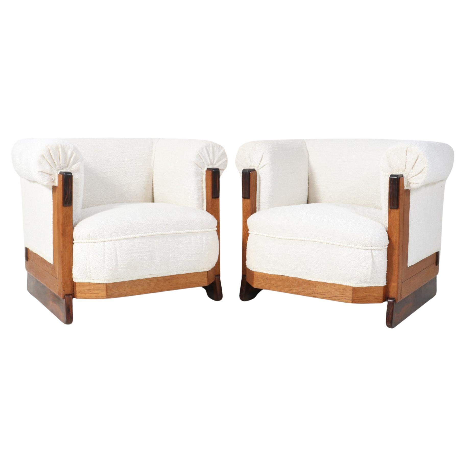 Two Art Deco Modernist Oak Lounge Chairs in Bouclé by Anton Lucas Leiden, 1920s For Sale