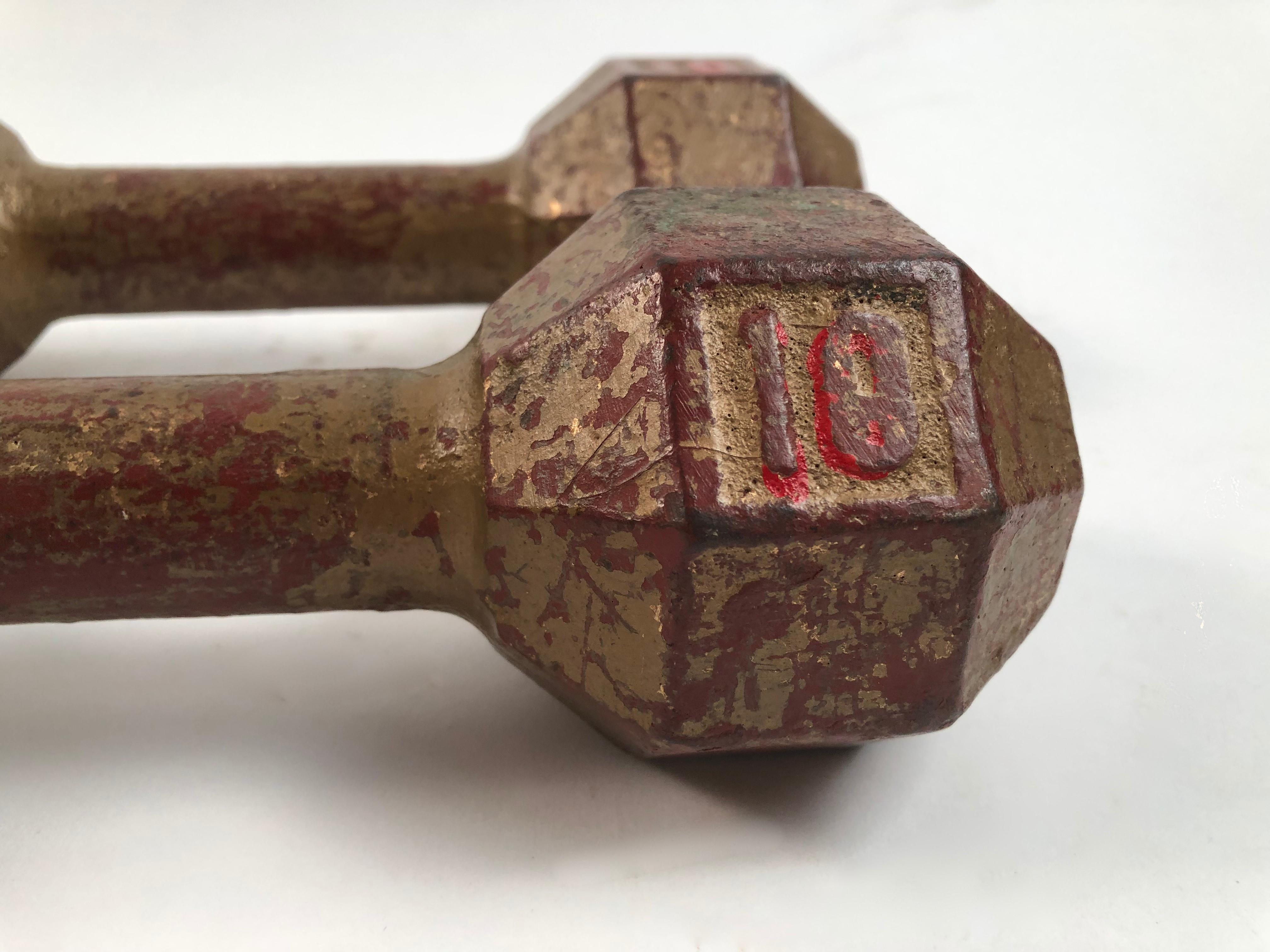 Two Art Deco Painted Cast Iron Exercise Dumbbells In Good Condition In Essex, MA