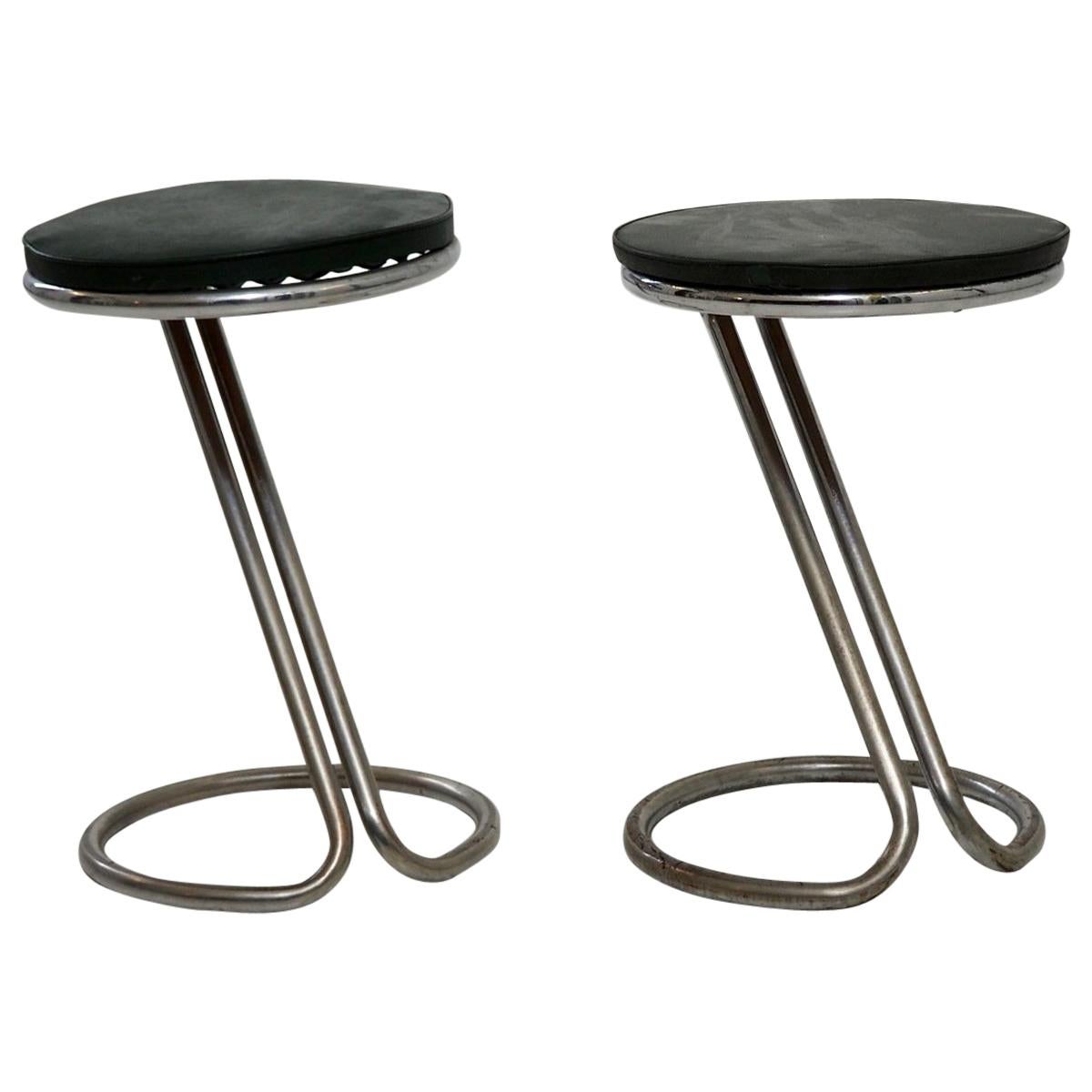 Two Art Deco Piano Stools, in Chrome Steel, Original Seating, 1960s For Sale