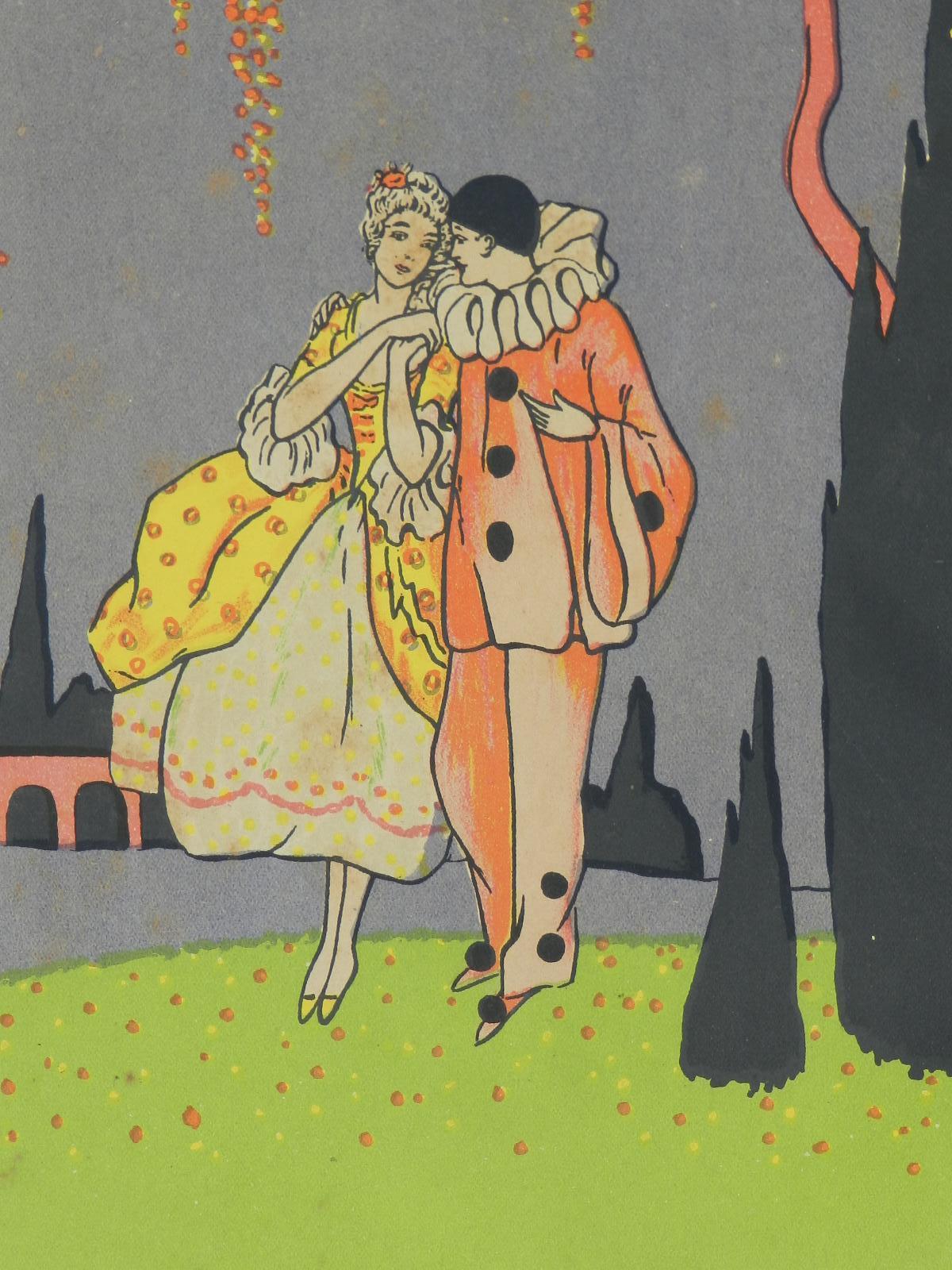 Two Art Deco Prints of Pierrot and Colombine French, circa 1930 For Sale 3