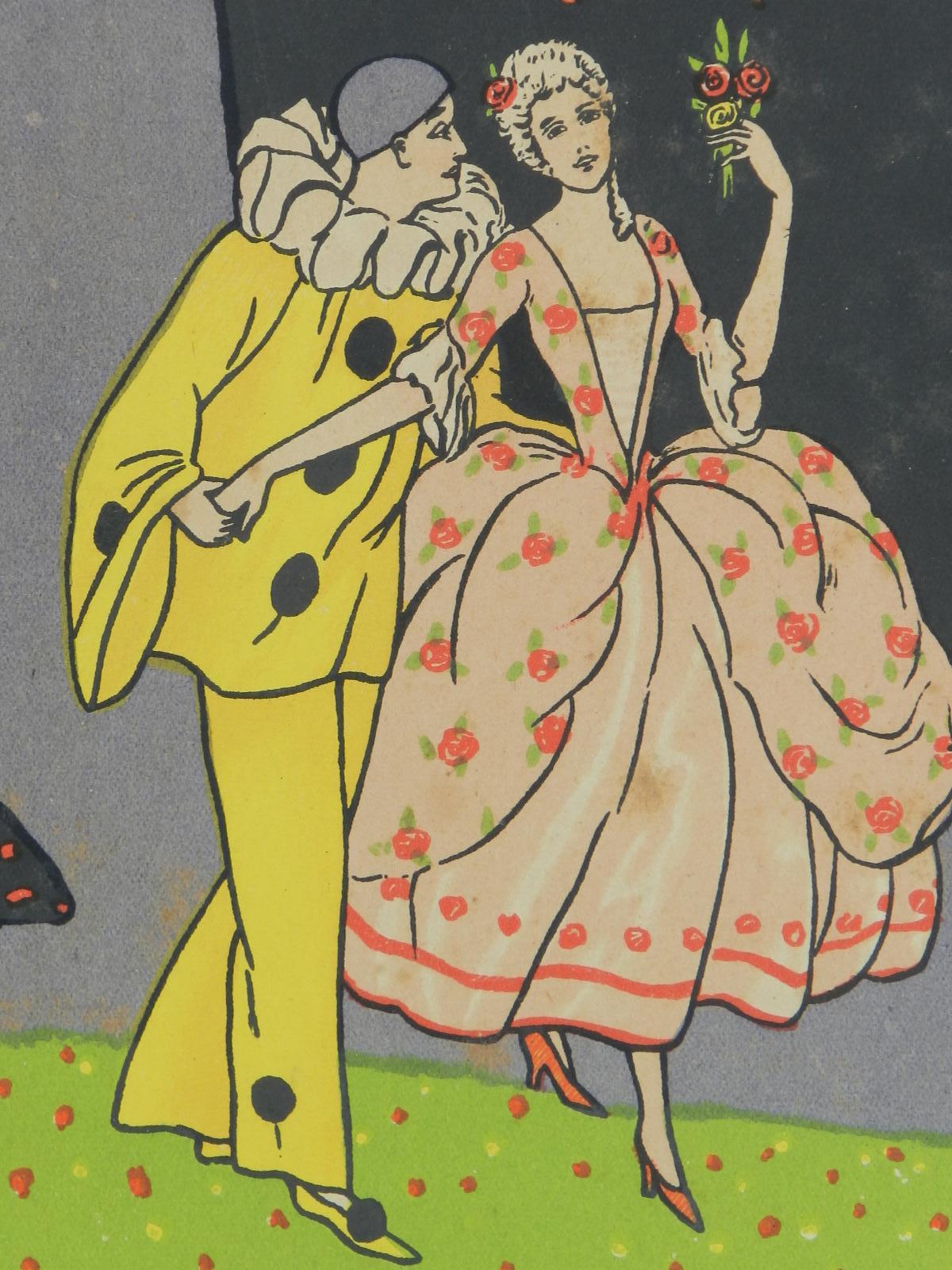 Mid-20th Century Two Art Deco Prints of Pierrot and Colombine French, circa 1930 For Sale