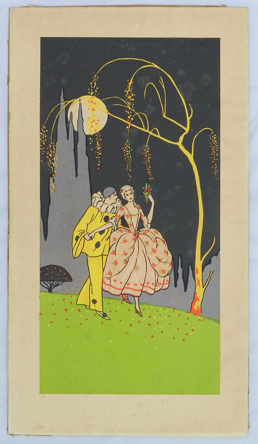 Papier Deux estampes Art Déco françaises de perroquet et de colombine, vers 1930 en vente