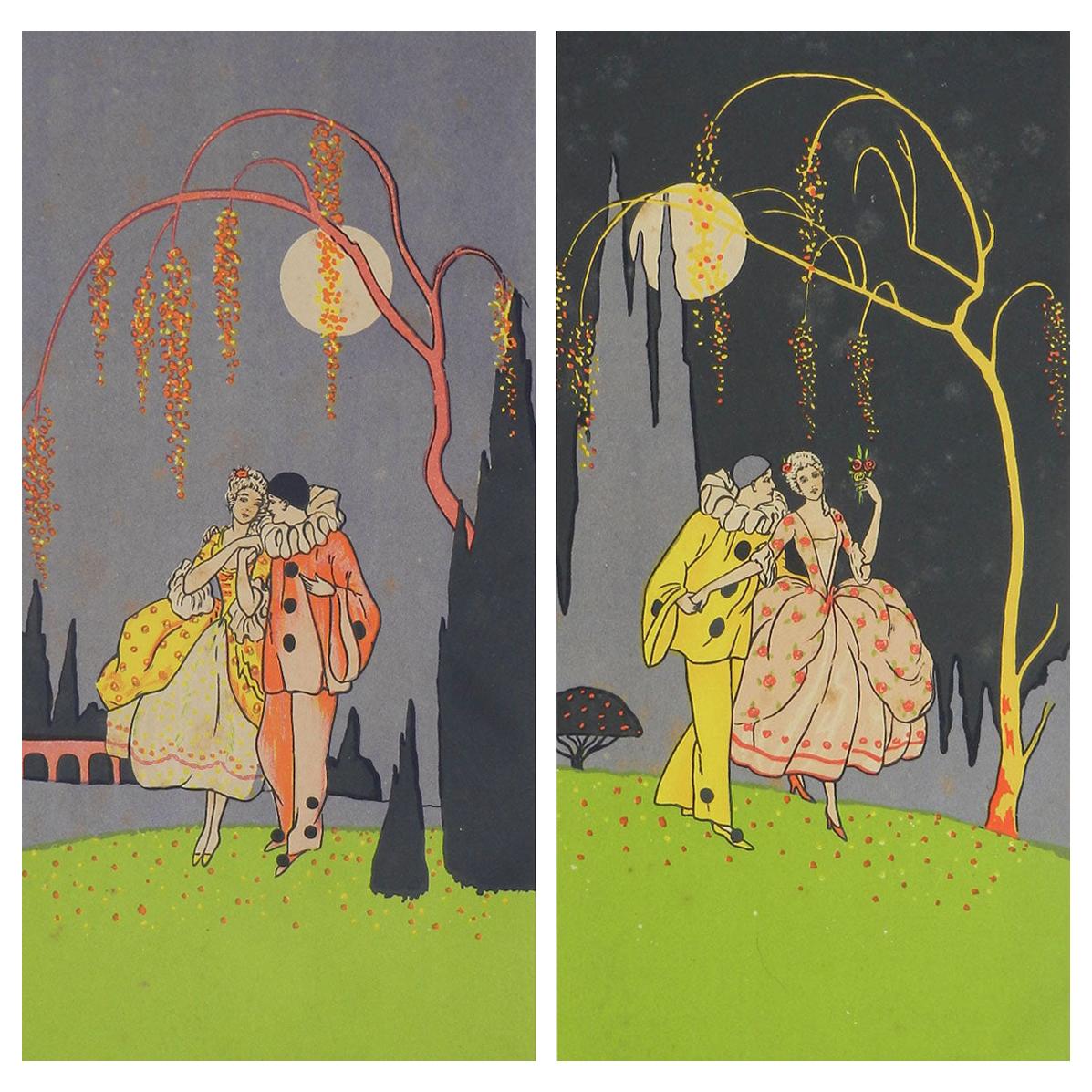Two Art Deco Prints of Pierrot and Colombine French, circa 1930