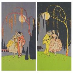 Vintage Two Art Deco Prints of Pierrot and Colombine French, circa 1930