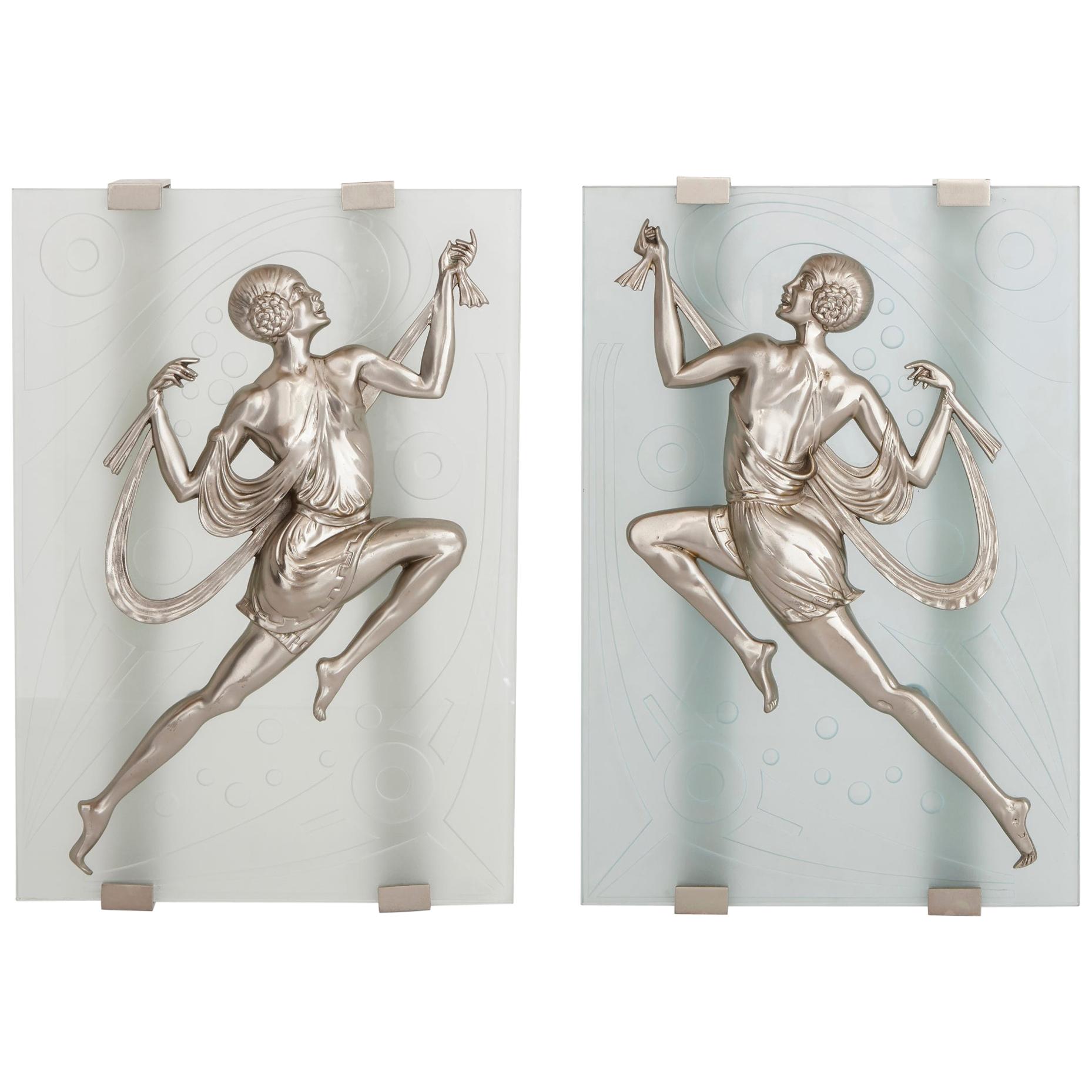 Two Art Deco Style Frosted Glass and Silvered Bronze Wall Sconces For Sale