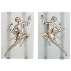 Two Art Deco Style Frosted Glass and Silvered Bronze Wall Sconces