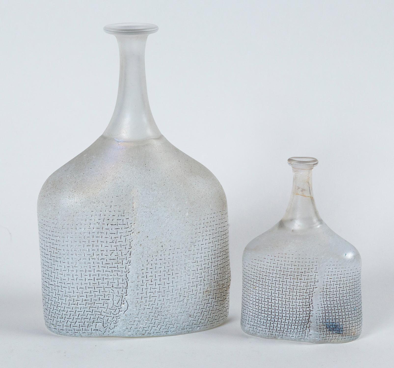 Two art glass vases, Bertil Valien, Kosta Boda, Sweden, circa 1970. Frosted hand-blown glass, Network series. Signed on bottom. Bertil Valien (b.1938) is a renown Swedish glass artist and designer represented in many museums and galleries.