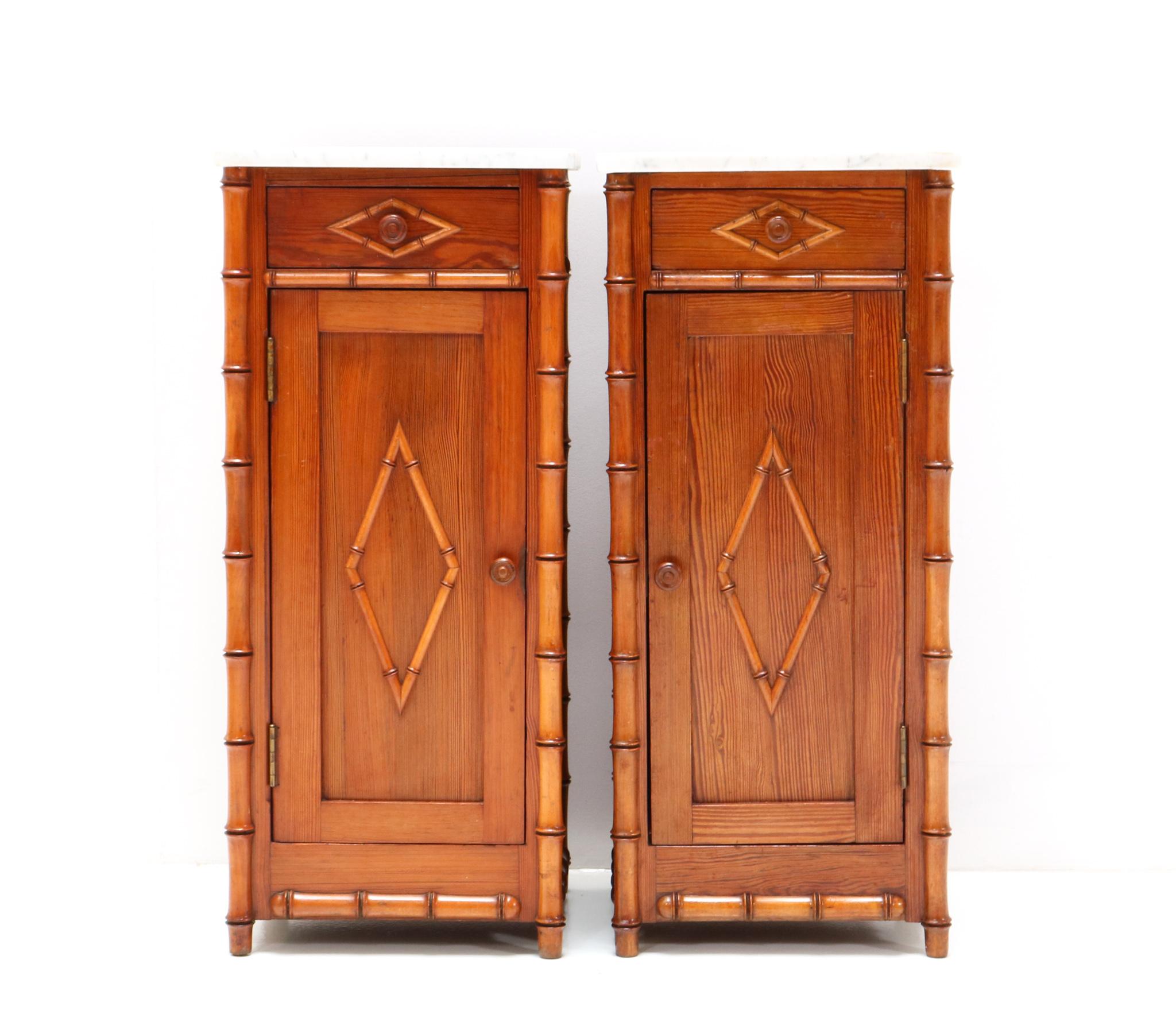 French Two Art Nouveau Faux Bamboo Nightstands or Bedside Tables, 1900s