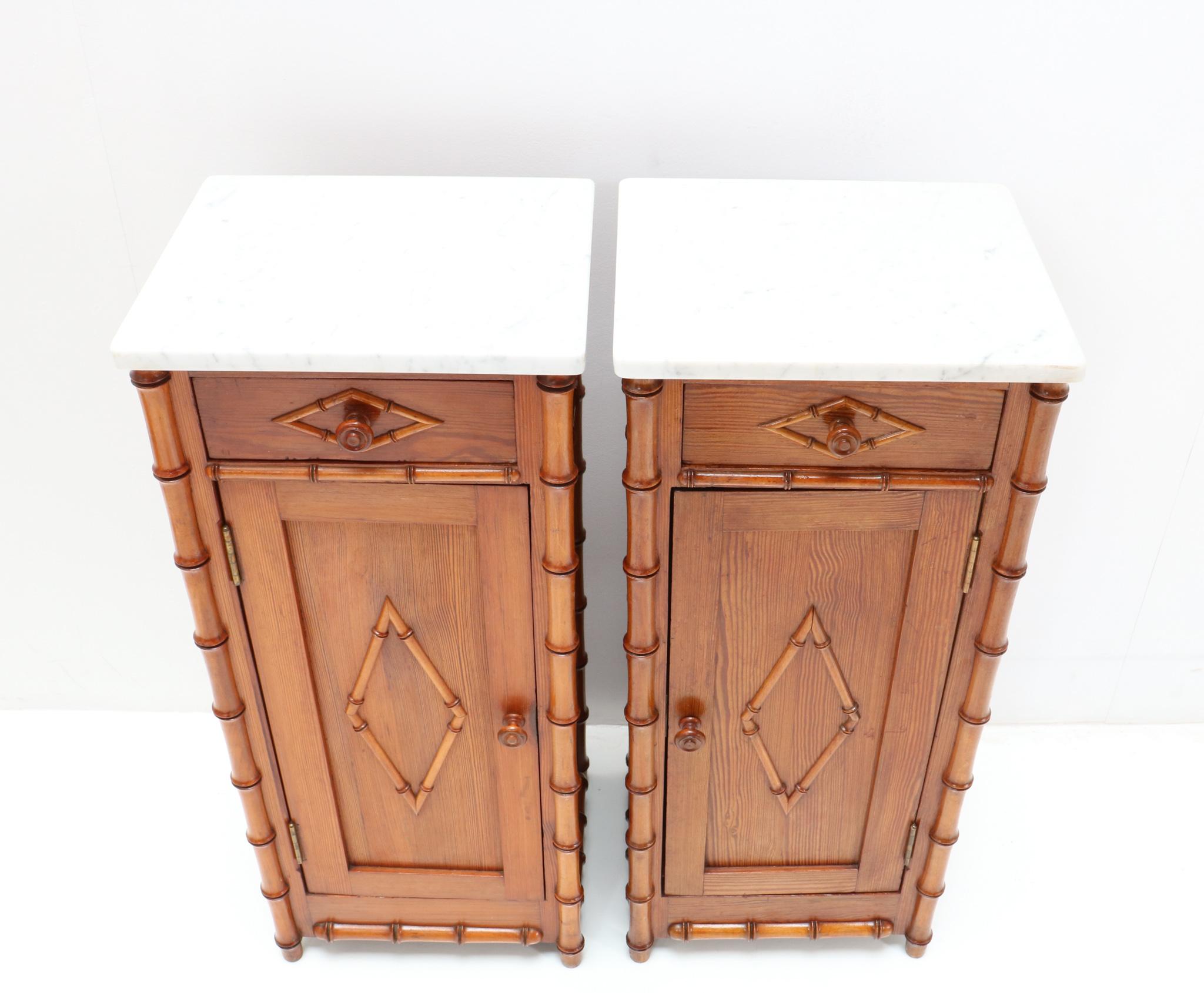 Two Art Nouveau Faux Bamboo Nightstands or Bedside Tables, 1900s In Good Condition In Amsterdam, NL