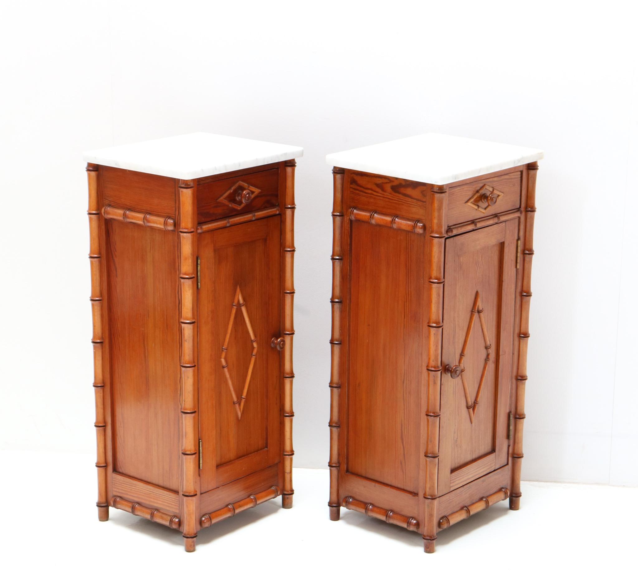 Marble Two Art Nouveau Faux Bamboo Nightstands or Bedside Tables, 1900s