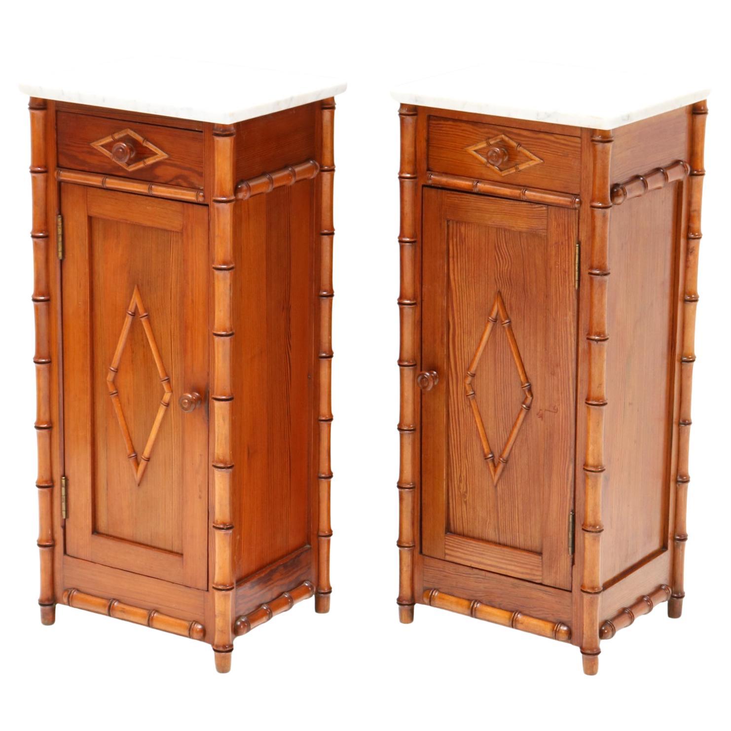 Two Art Nouveau Faux Bamboo Nightstands or Bedside Tables, 1900s