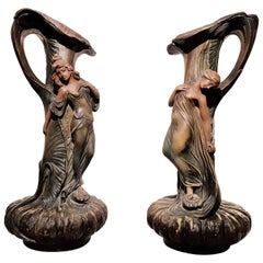 Two Art Nouveau Maiden Vases in Plaster