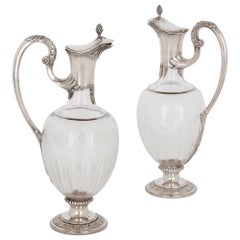 Antique Two Art Nouveau Silver and Glass Wine Jugs by Devaux