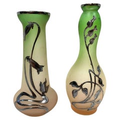 Vintage Two Art Nouveau Silver Overlay Bud Vases