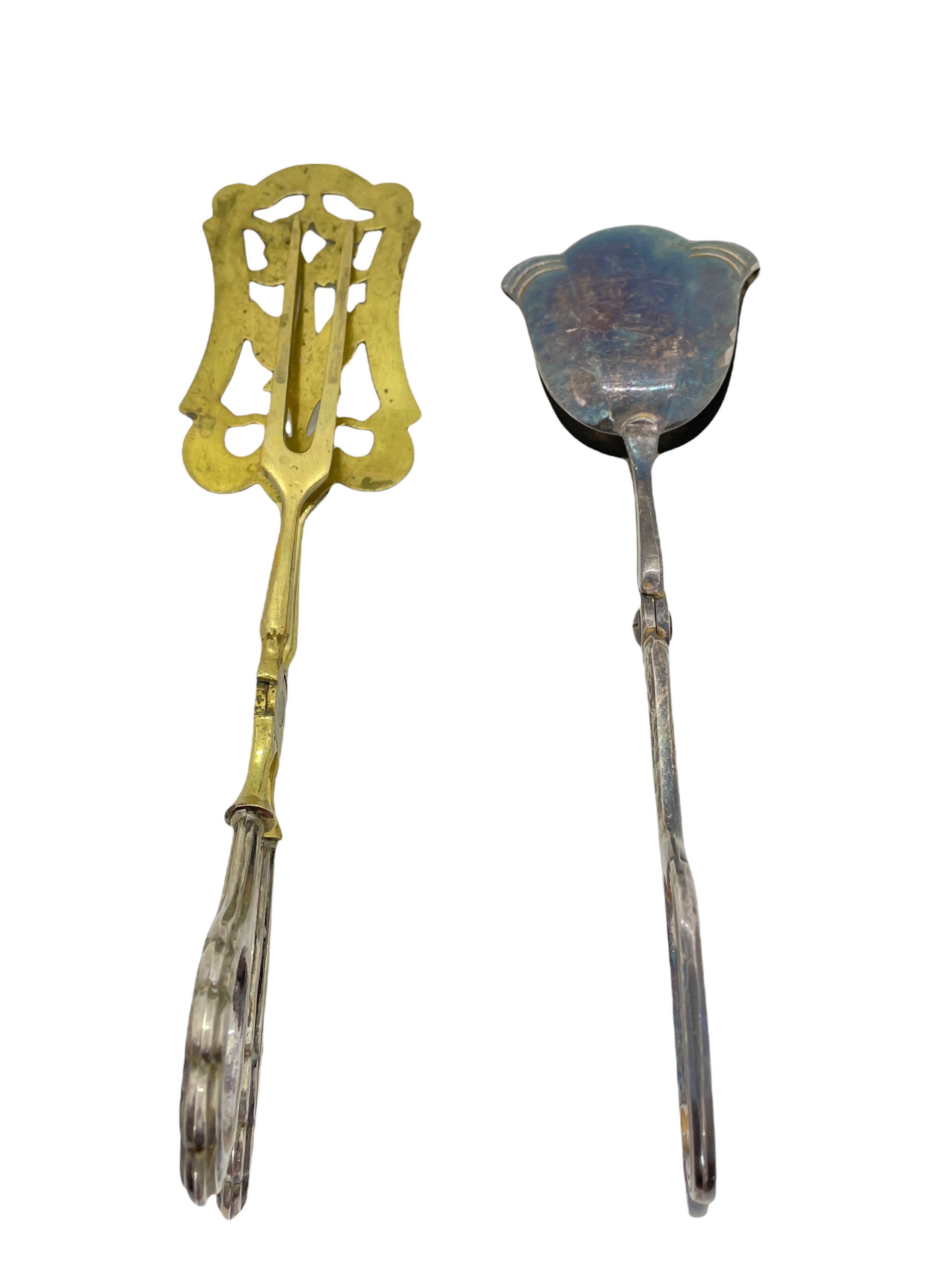 Swedish Two Art Nouveau Silver Plate Serving Tongs for Cake Pastry Meat, German, 1900s For Sale