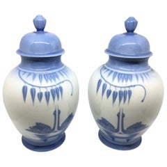 Two Art Nouveau Style White and Blue Porcelain Potiches Made in Gemany in 1950