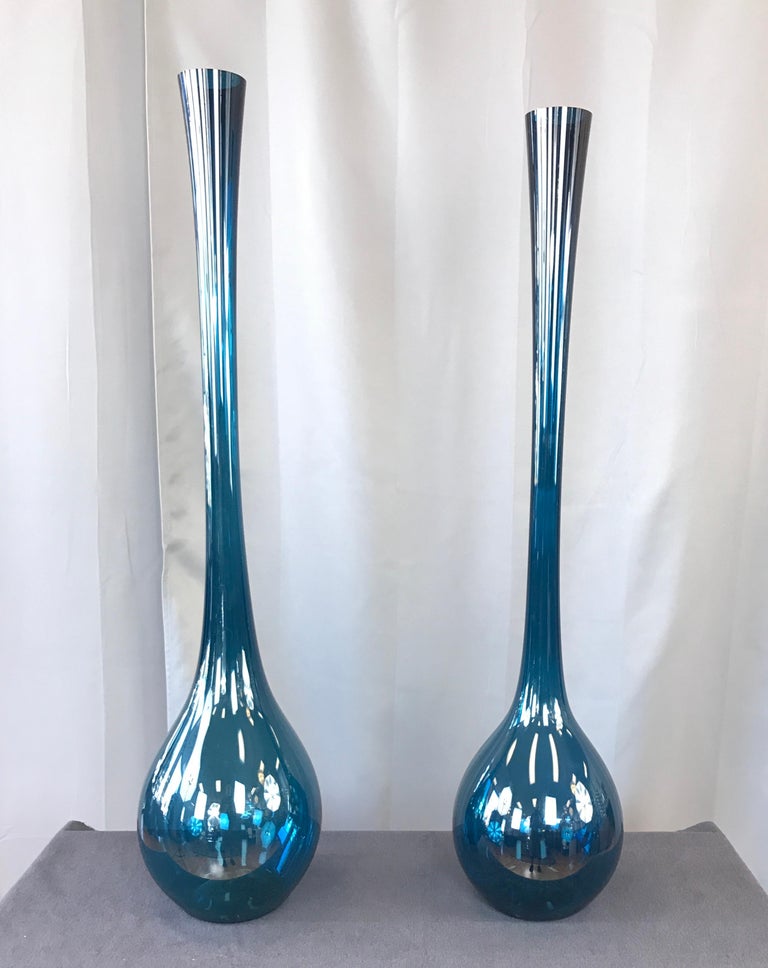 Two Arthur Percy Blue Blomglas Bulb Vases Gullaskruf Swedish For