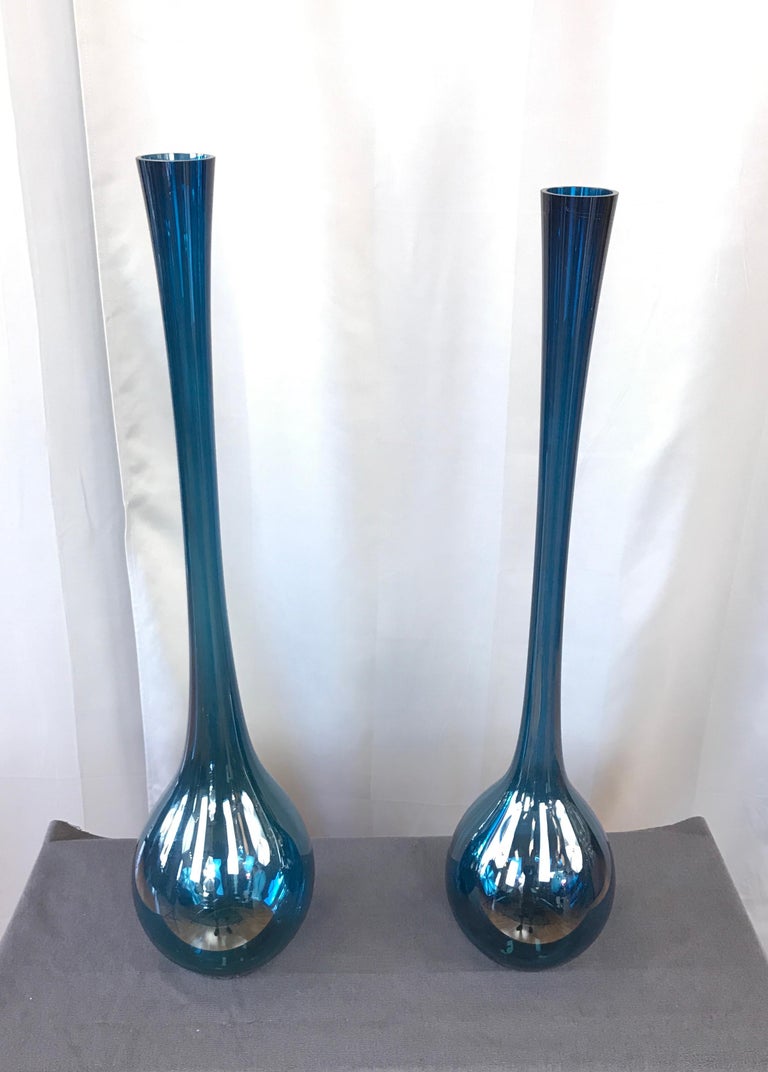 Two Arthur Percy Blue Blomglas Bulb Vases Gullaskruf Swedish For