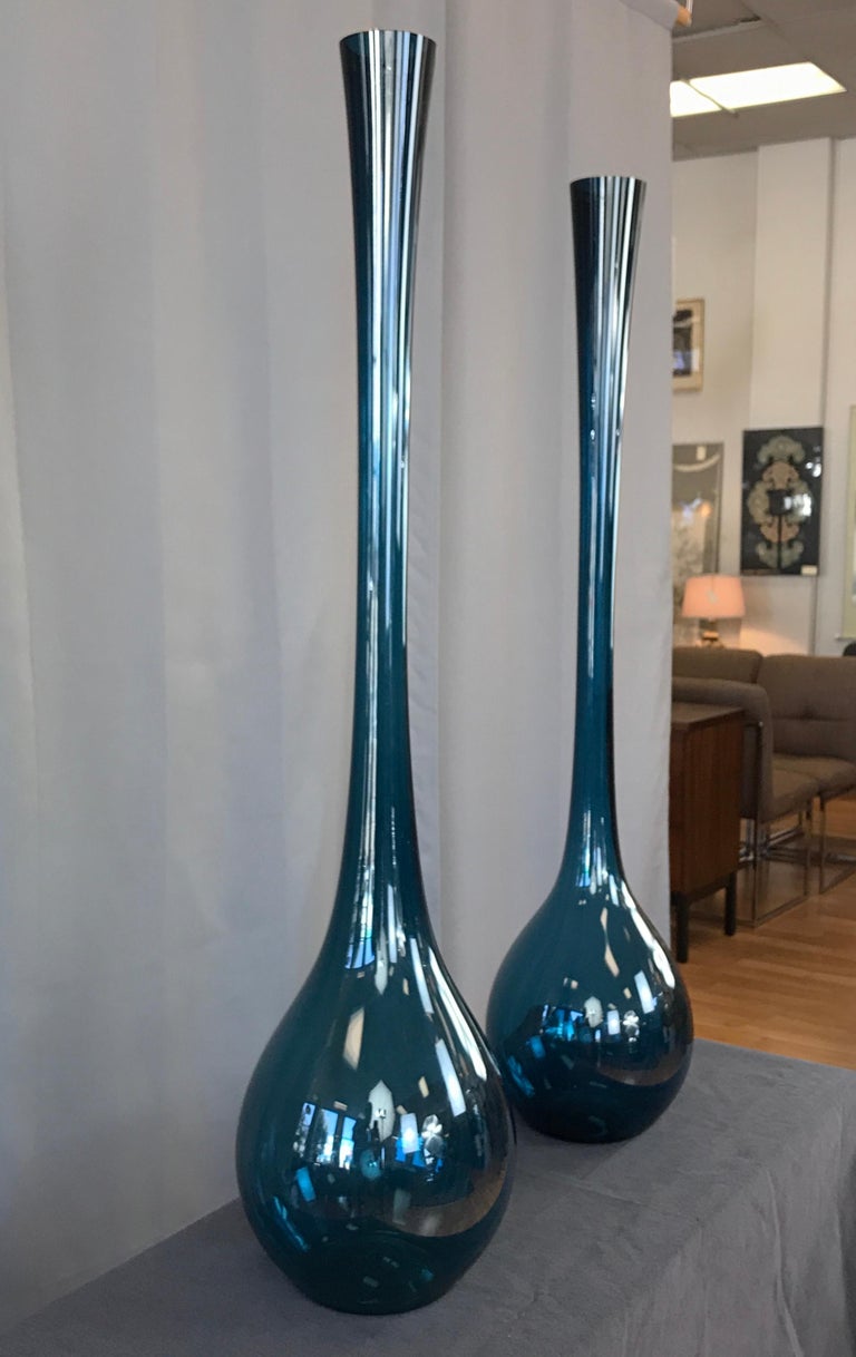 Two Arthur Percy Blue Blomglas Bulb Vases Gullaskruf Swedish For