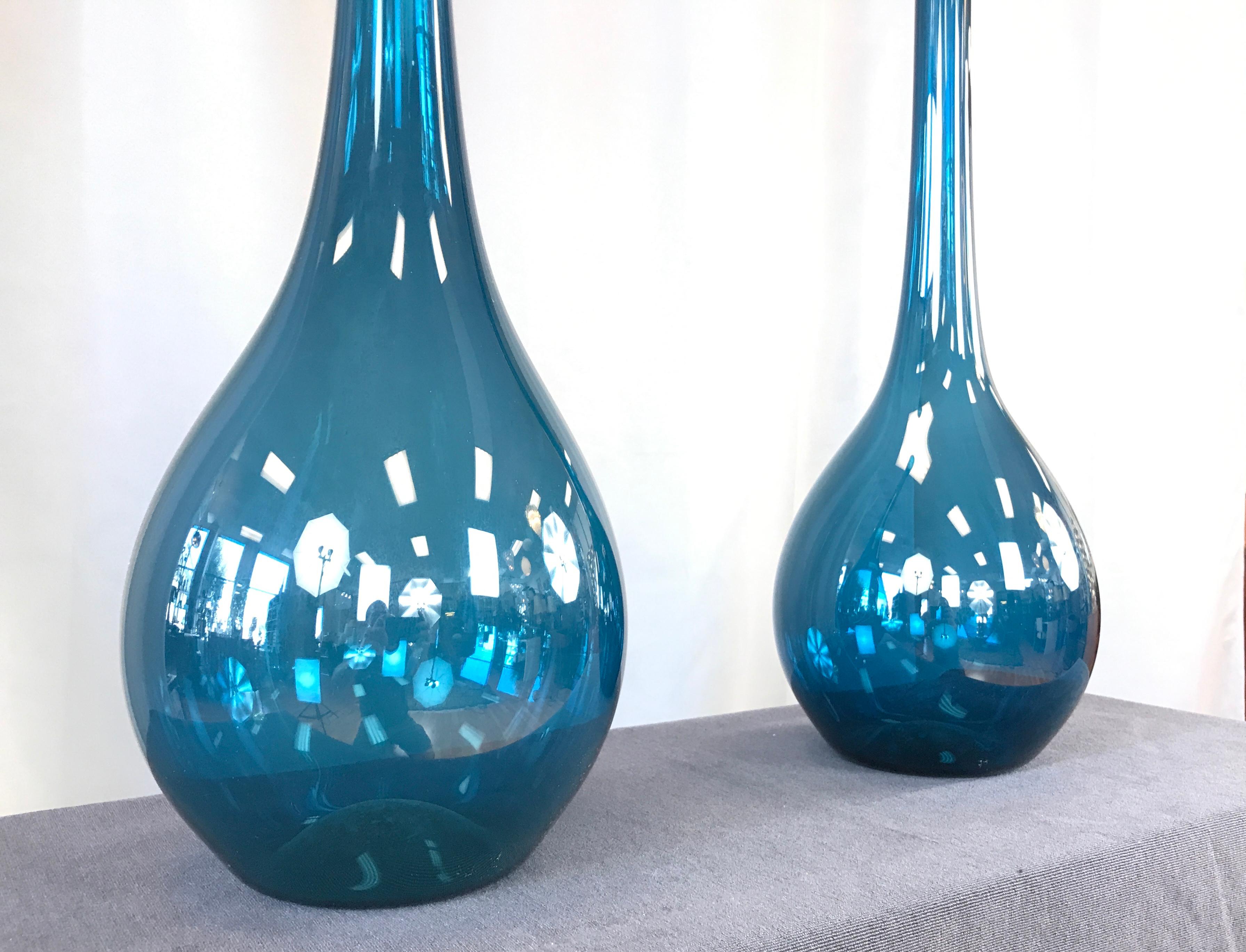 Scandinavian Modern Two Arthur Percy Blue Blomglas Bulb Vases Gullaskruf Swedish