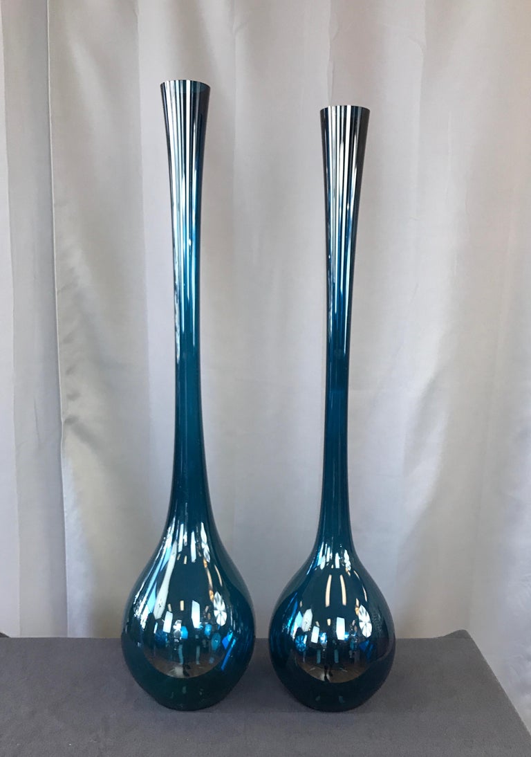 Two Arthur Percy Blue Blomglas Bulb Vases Gullaskruf Swedish For