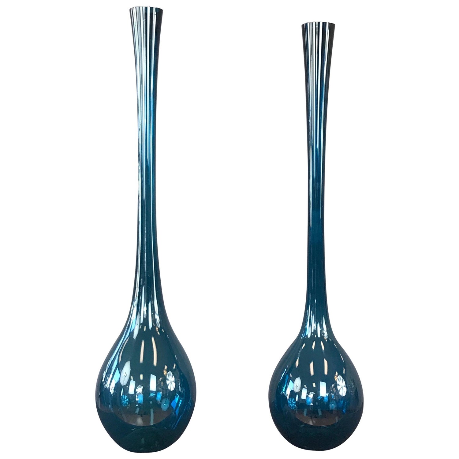 Two Arthur Percy Blue Blomglas Bulb Vases Gullaskruf Swedish For
