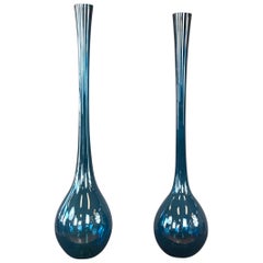 Two Arthur Percy Blue Blomglas Bulb Vases Gullaskruf Swedish