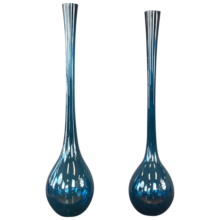 Two Arthur Percy Blue Blomglas Bulb Vases Gullaskruf Swedish For
