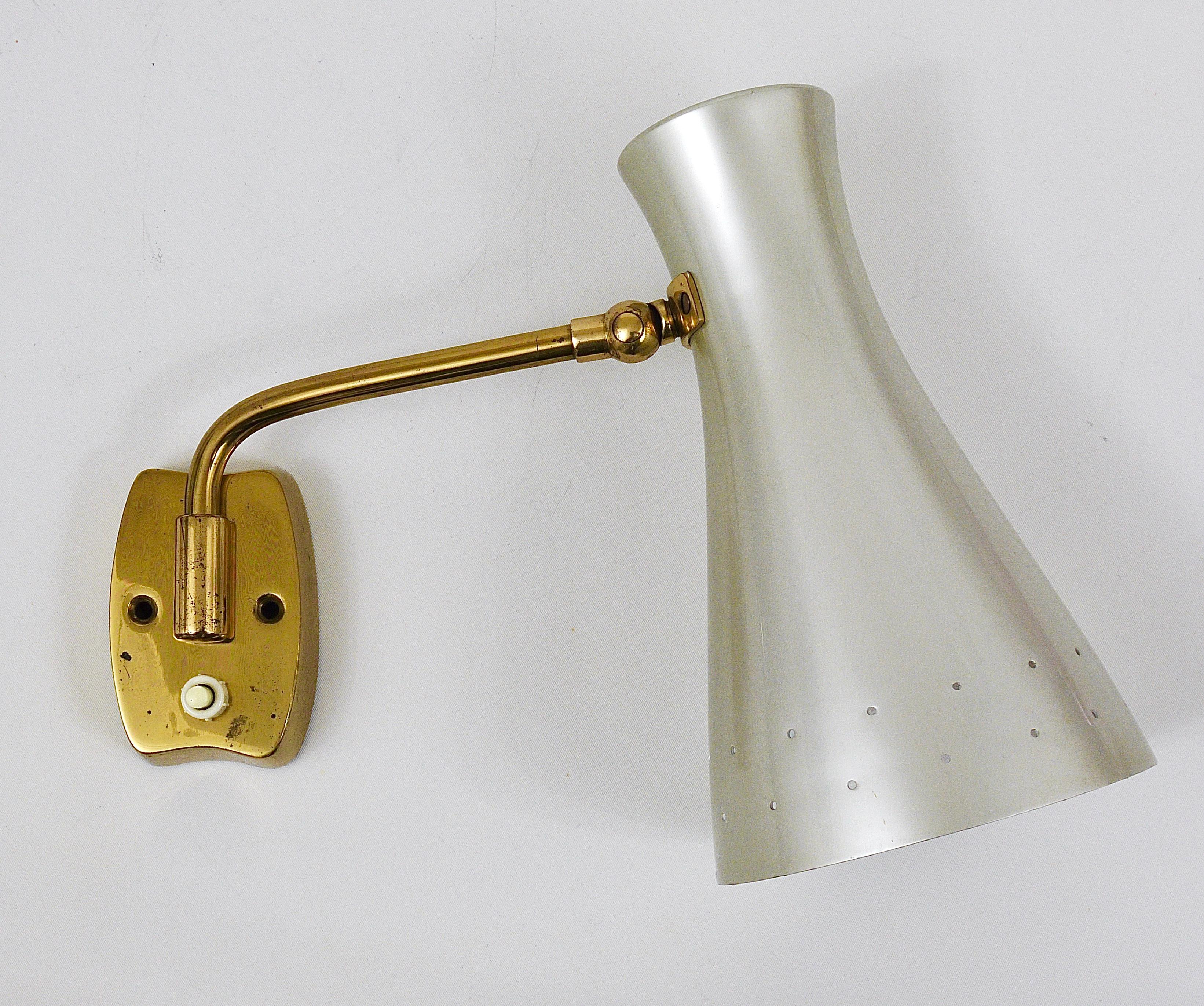 Aluminum Two Articulating Conical Brass Sconces in the Style of Stilnovo, Italy, 1950s For Sale