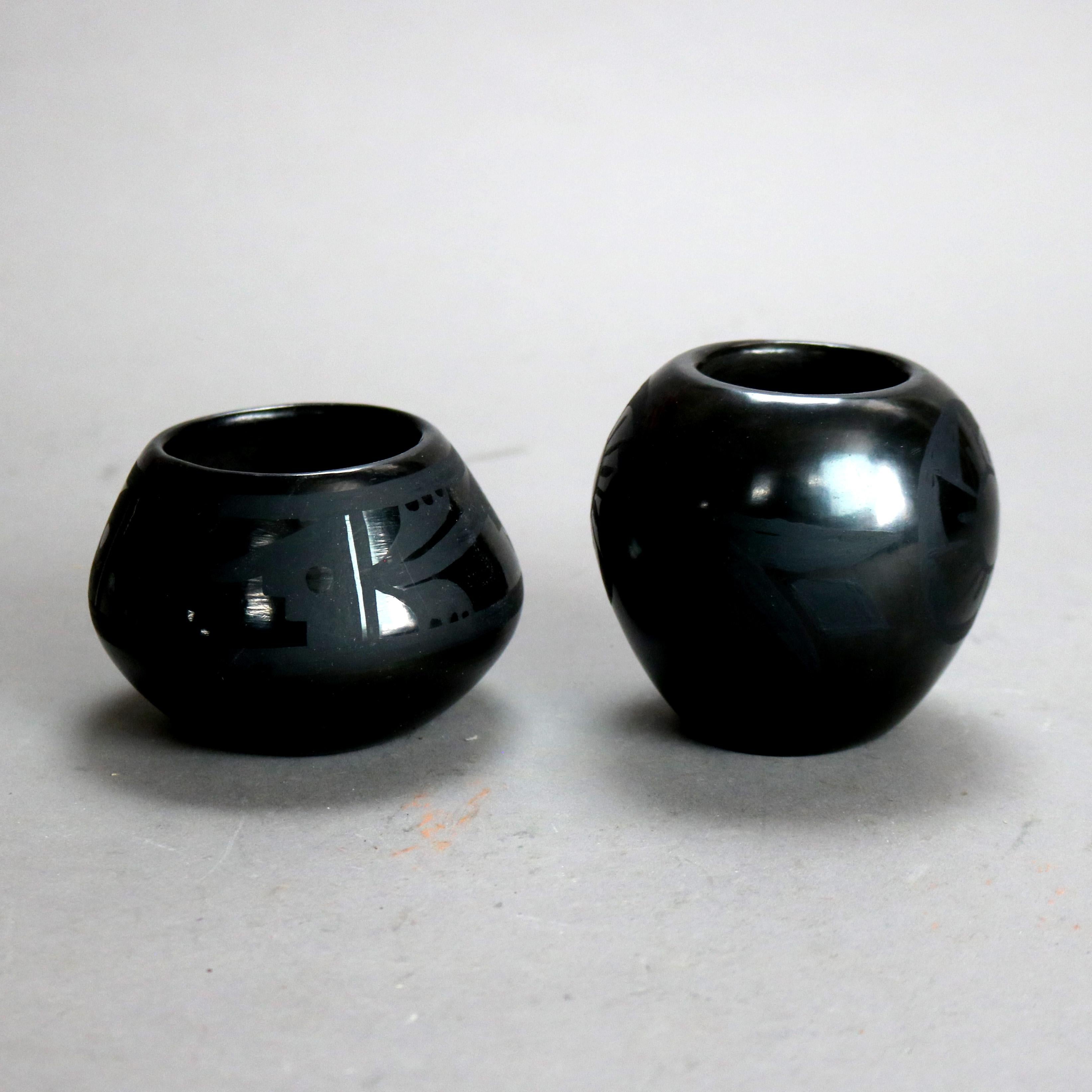 Two Artist Signed Southwestern Native American Black on Black Santa Clara Pueblo Pottery Vases 20thC

Large - 3 1/2