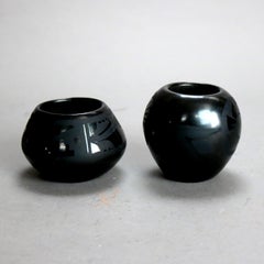 Two Artist Signed Southwestern Native American Black on Black Santa Clara Pueblo