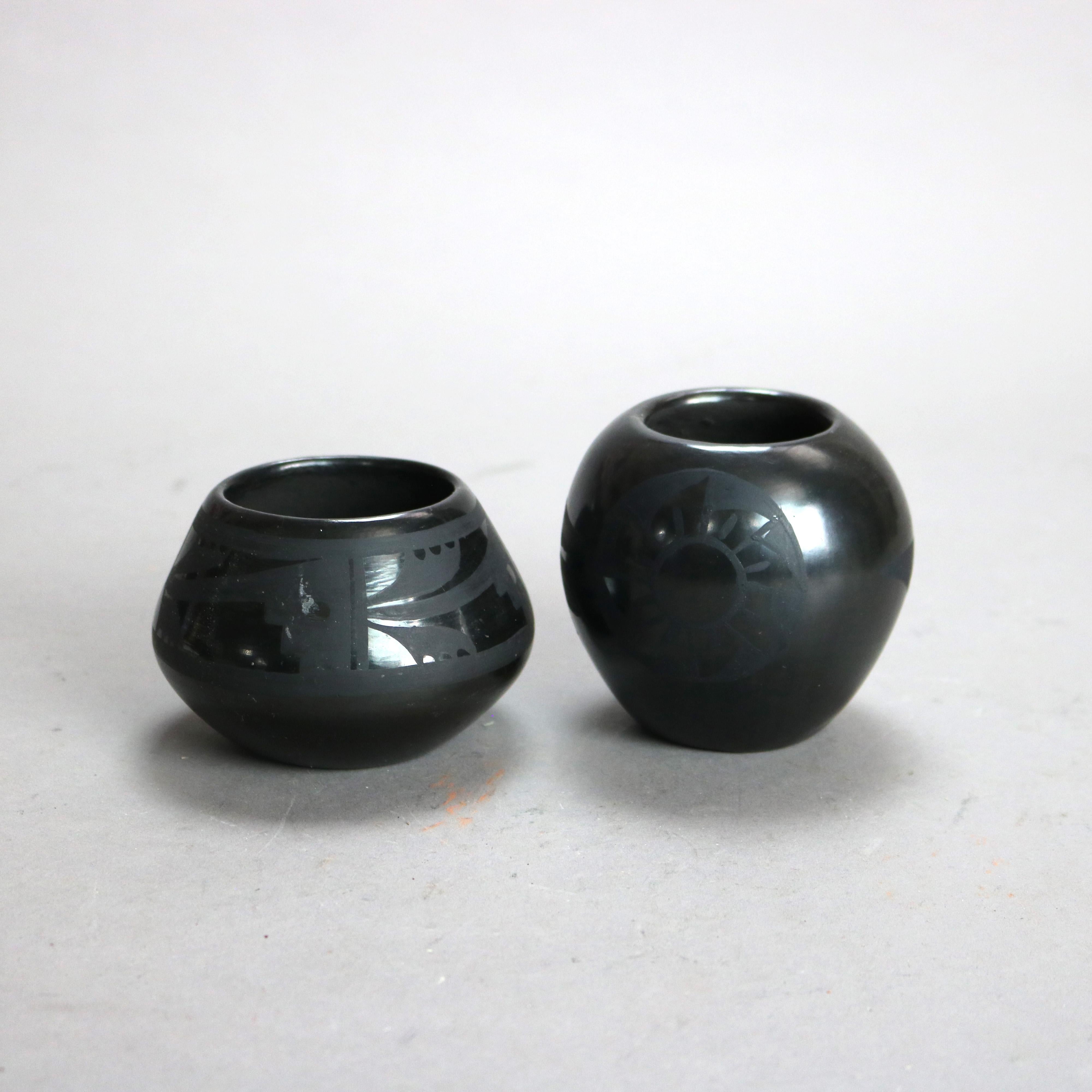 Two Artist Signed Southwestern Native American Black on Black Santa Clara Pueblo In Good Condition In Big Flats, NY