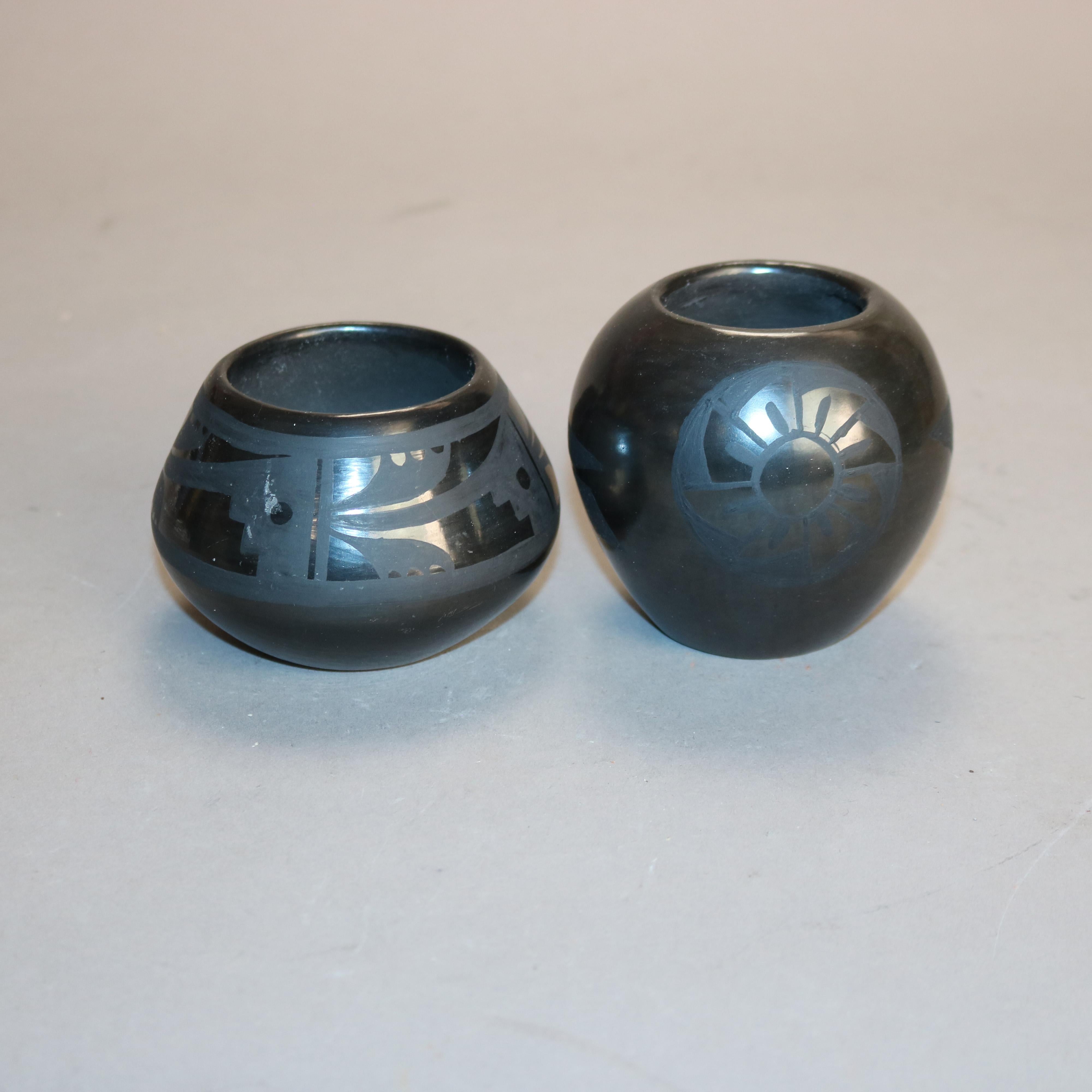 Pottery Two Artist Signed Southwestern Native American Black on Black Santa Clara Pueblo