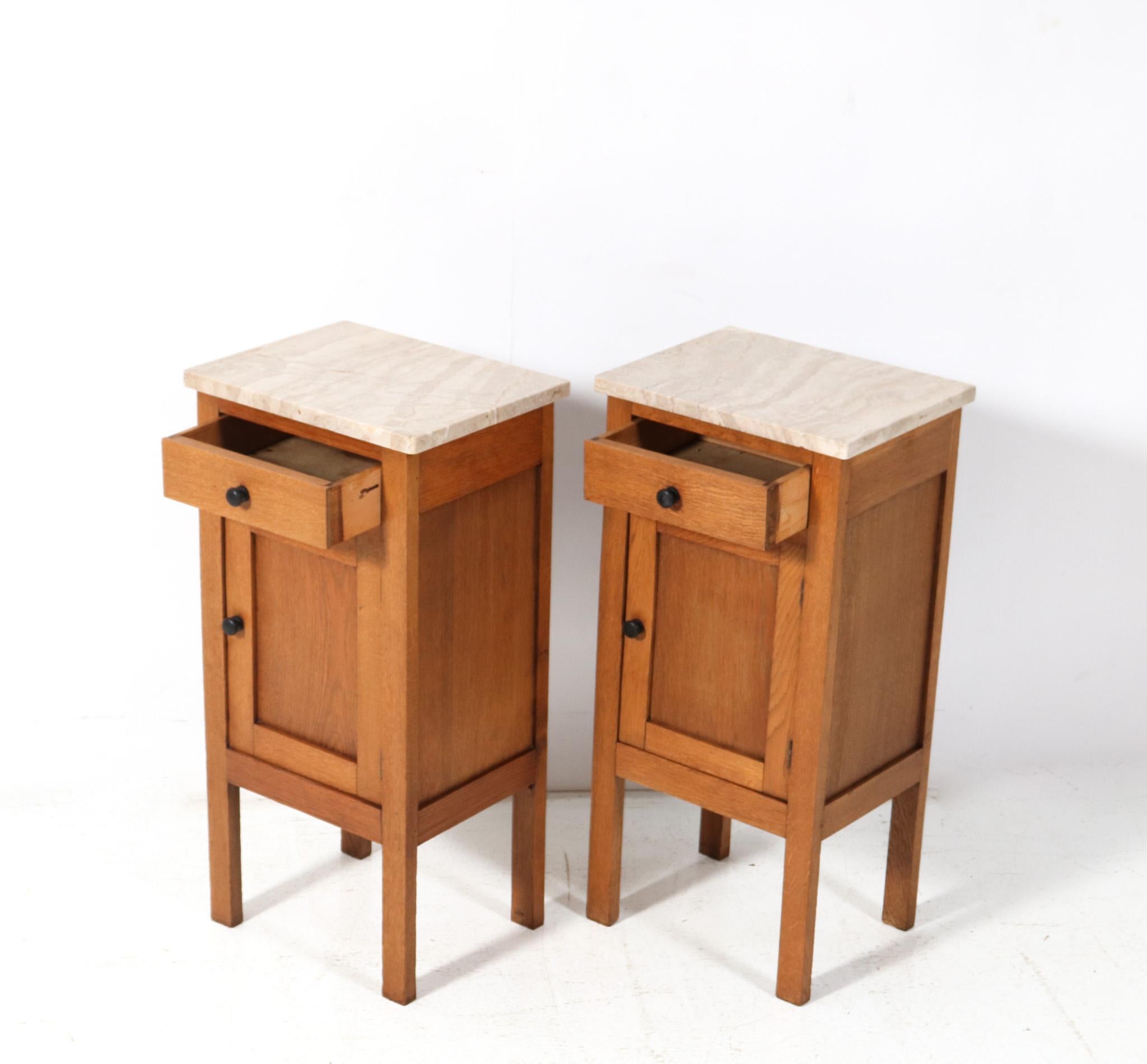 Marble Two Arts & Crafts Art Nouveau Oak Nightstands or Bedside Tables, 1900s For Sale