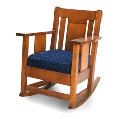 Two Arts & Crafts Charles Stickley Slat Back Mission Oak Rocker & Armchair c1920