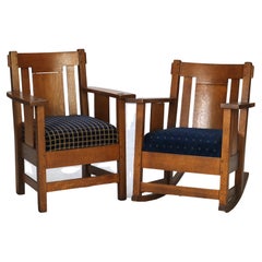 Two Arts & Crafts Charles Stickley Slat Back Mission Oak Rocker & Armchair c1920