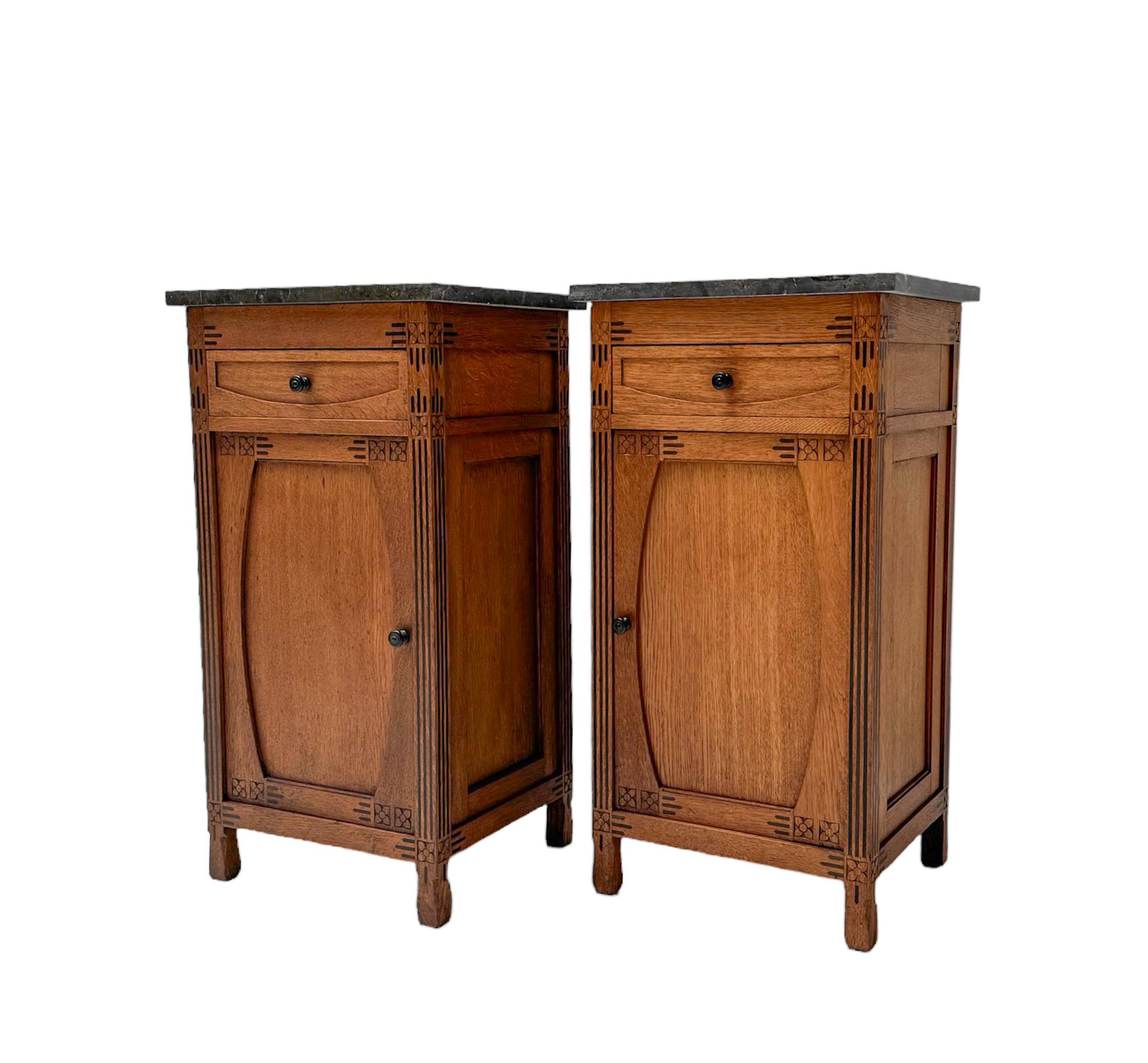 Marble Two  Arts & Crafts Nightstands or Bedside Tables by H. P. Mutters & Zoon, 1900s