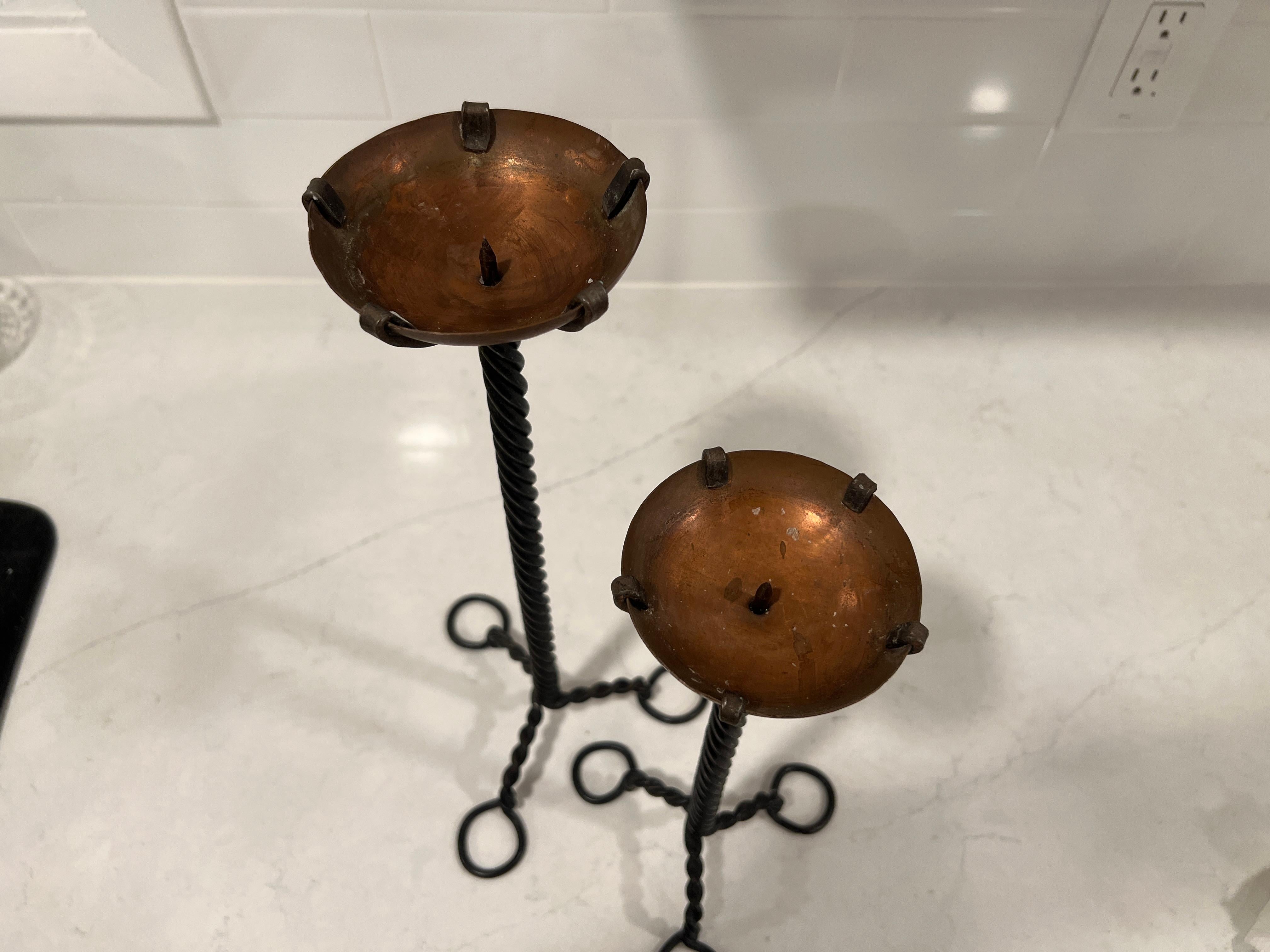 American Two, Arts & Crafts Period Wrought Iron and Copper Candlesticks For Sale