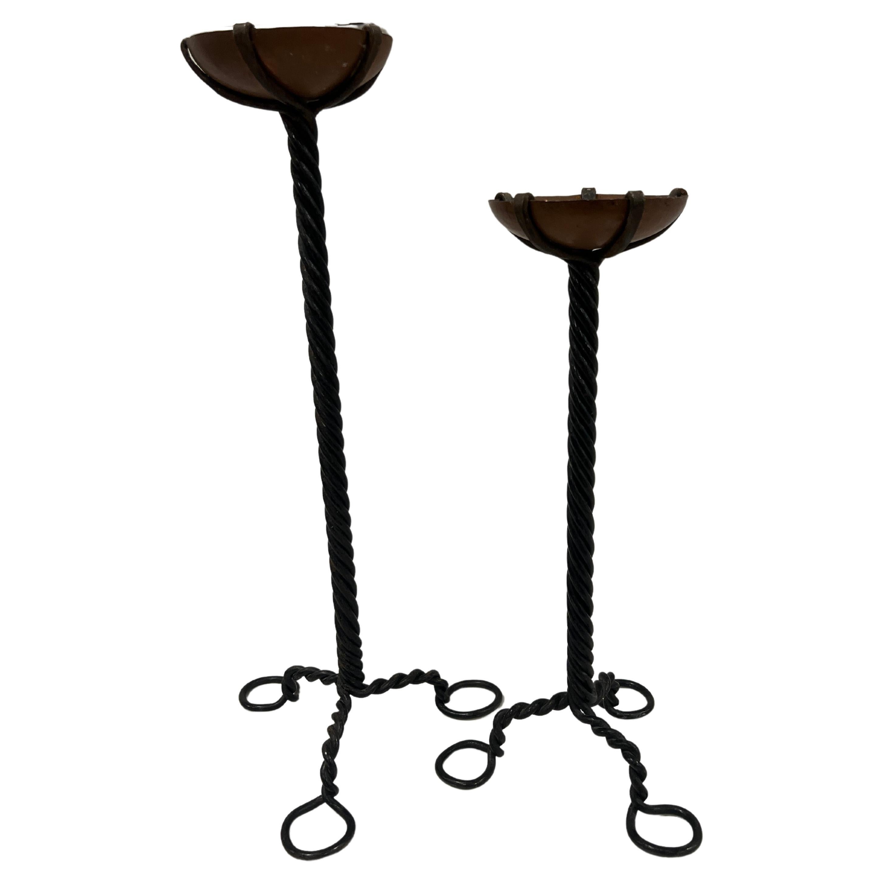 Two, Arts & Crafts Period Wrought Iron and Copper Candlesticks For Sale