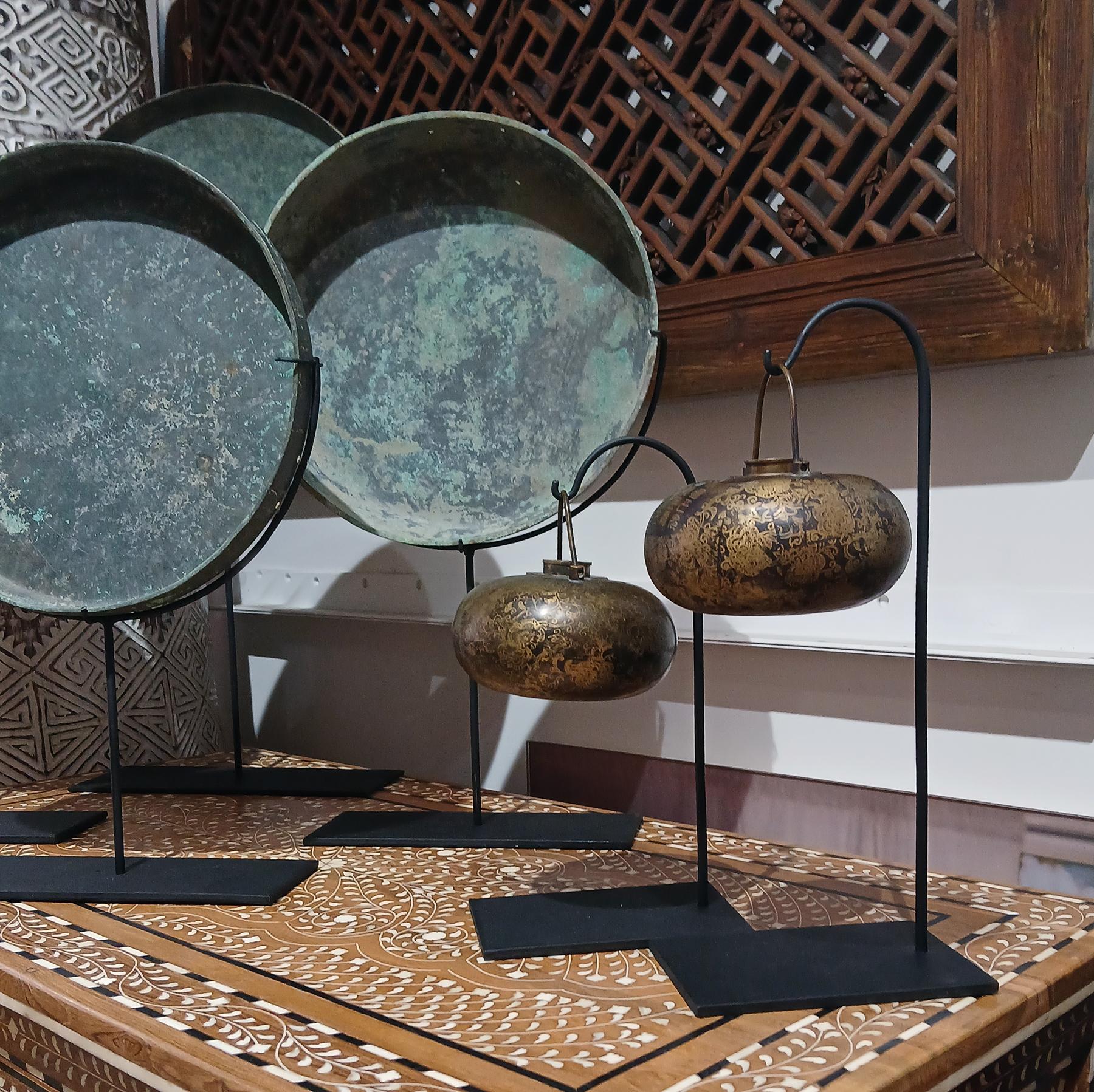 Two Asian Brass Bed Warmers, Early 20th Century, On Stand For Sale 14