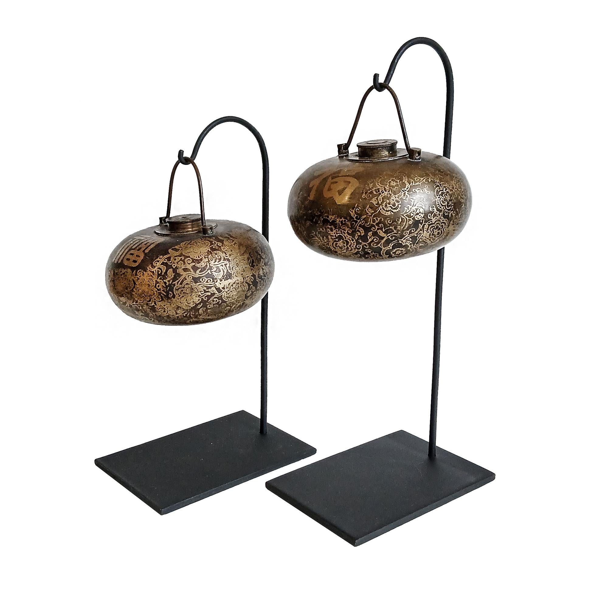 Qing Two Asian Brass Bed Warmers, Early 20th Century, On Stand For Sale