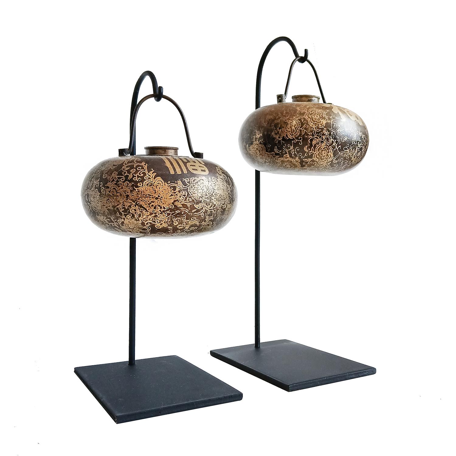 Chinese Two Asian Brass Bed Warmers, Early 20th Century, On Stand For Sale