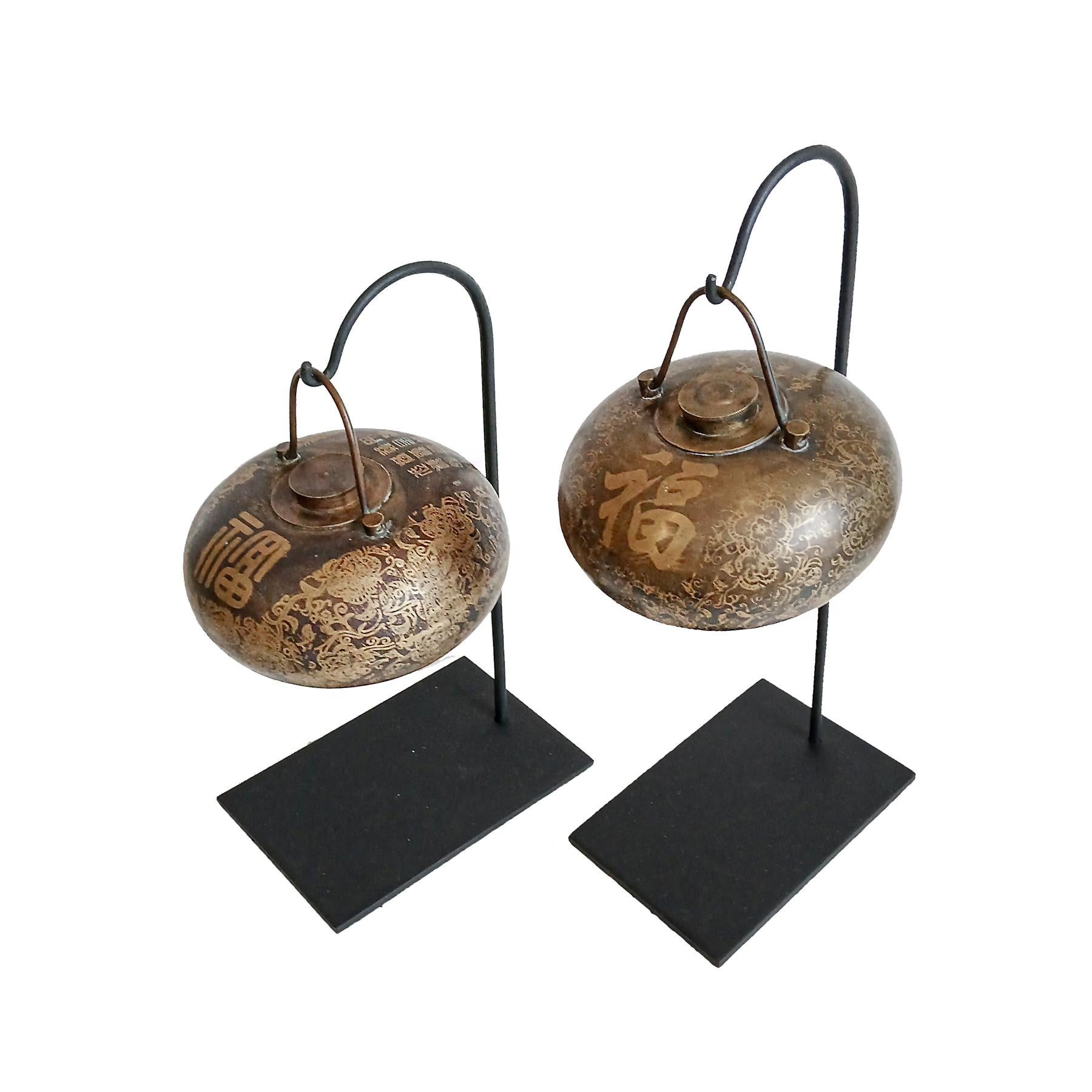 Cast Two Asian Brass Bed Warmers, Early 20th Century, On Stand For Sale