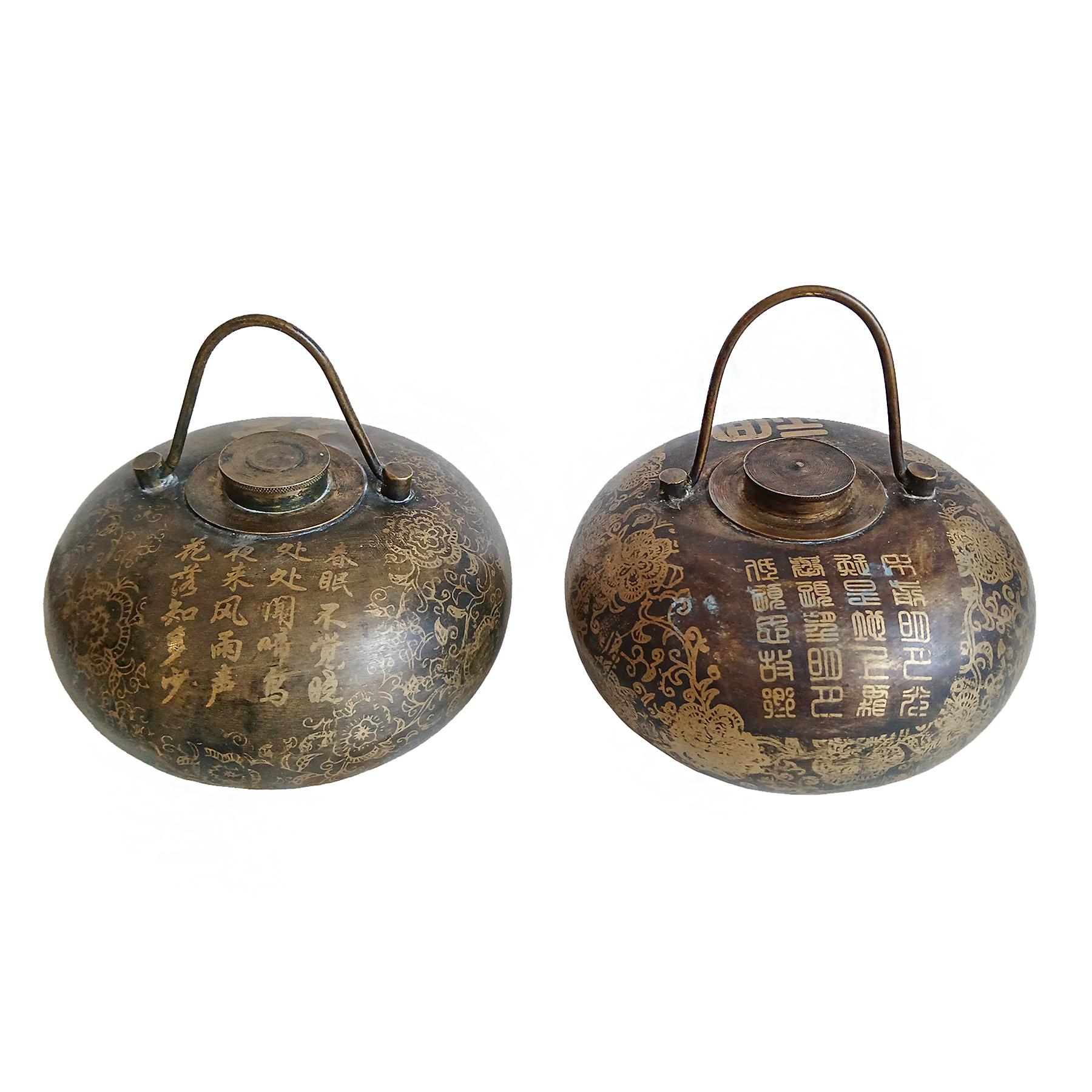 Two Asian Brass Bed Warmers, Early 20th Century, On Stand For Sale 3